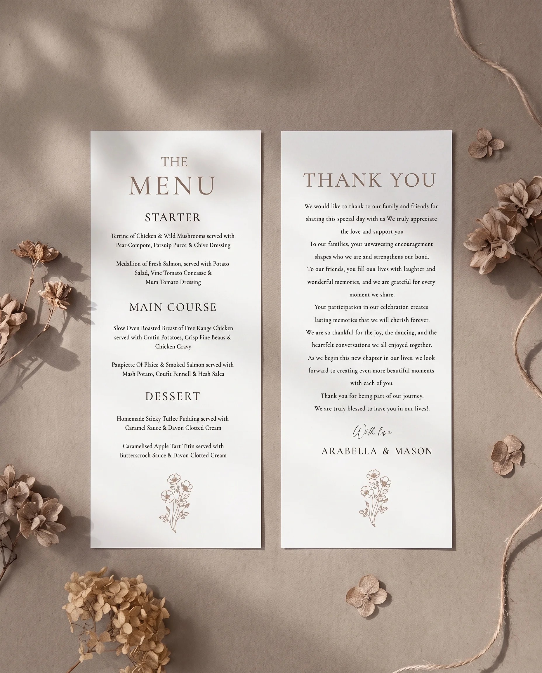 Anemora wedding menu — two menu pages shown flat under soft natural light at a slight overhead angle, wedding menu.