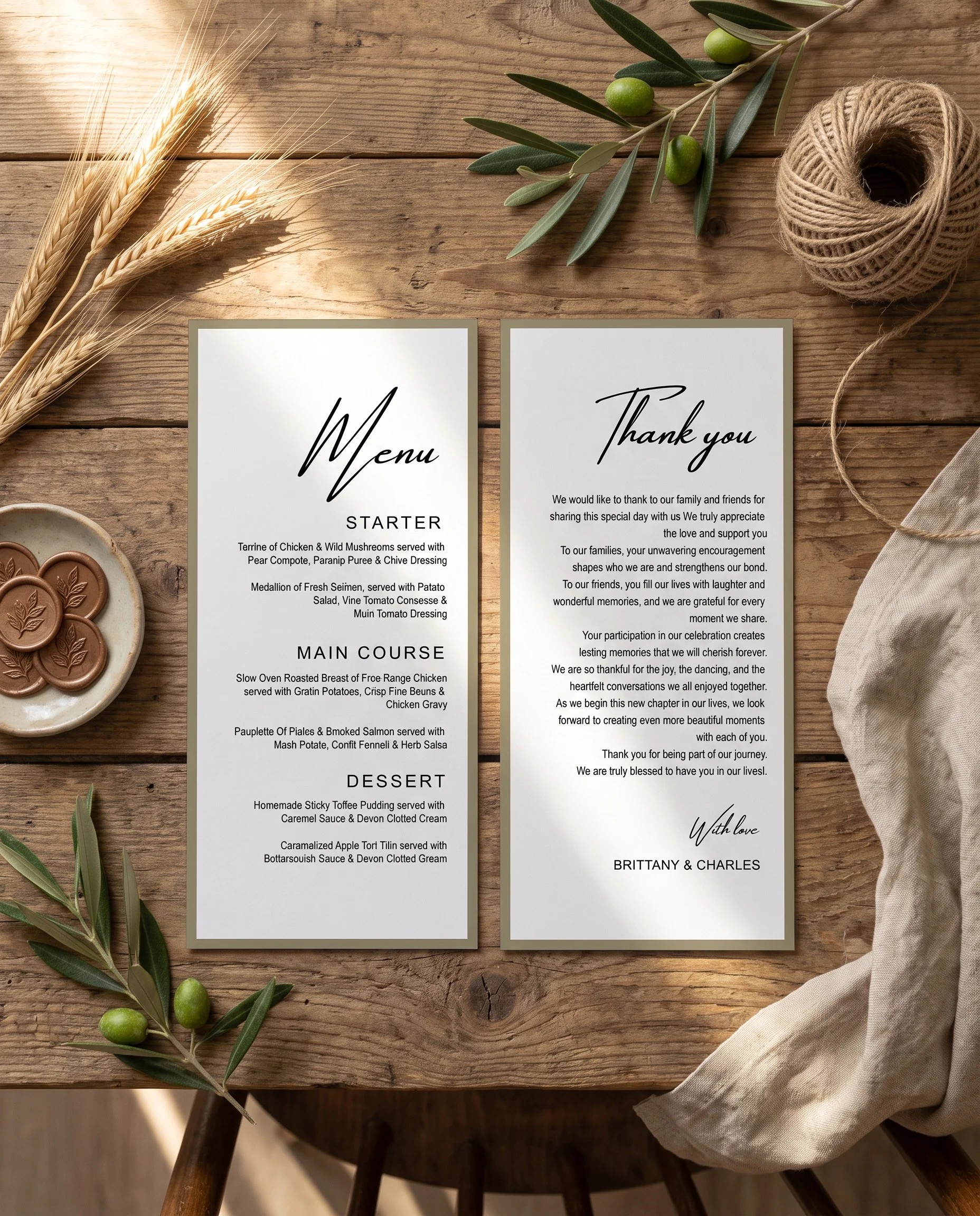 Golden Vale wedding menu — two menu pages shown flat under soft natural light at a slight overhead angle, wedding menu.