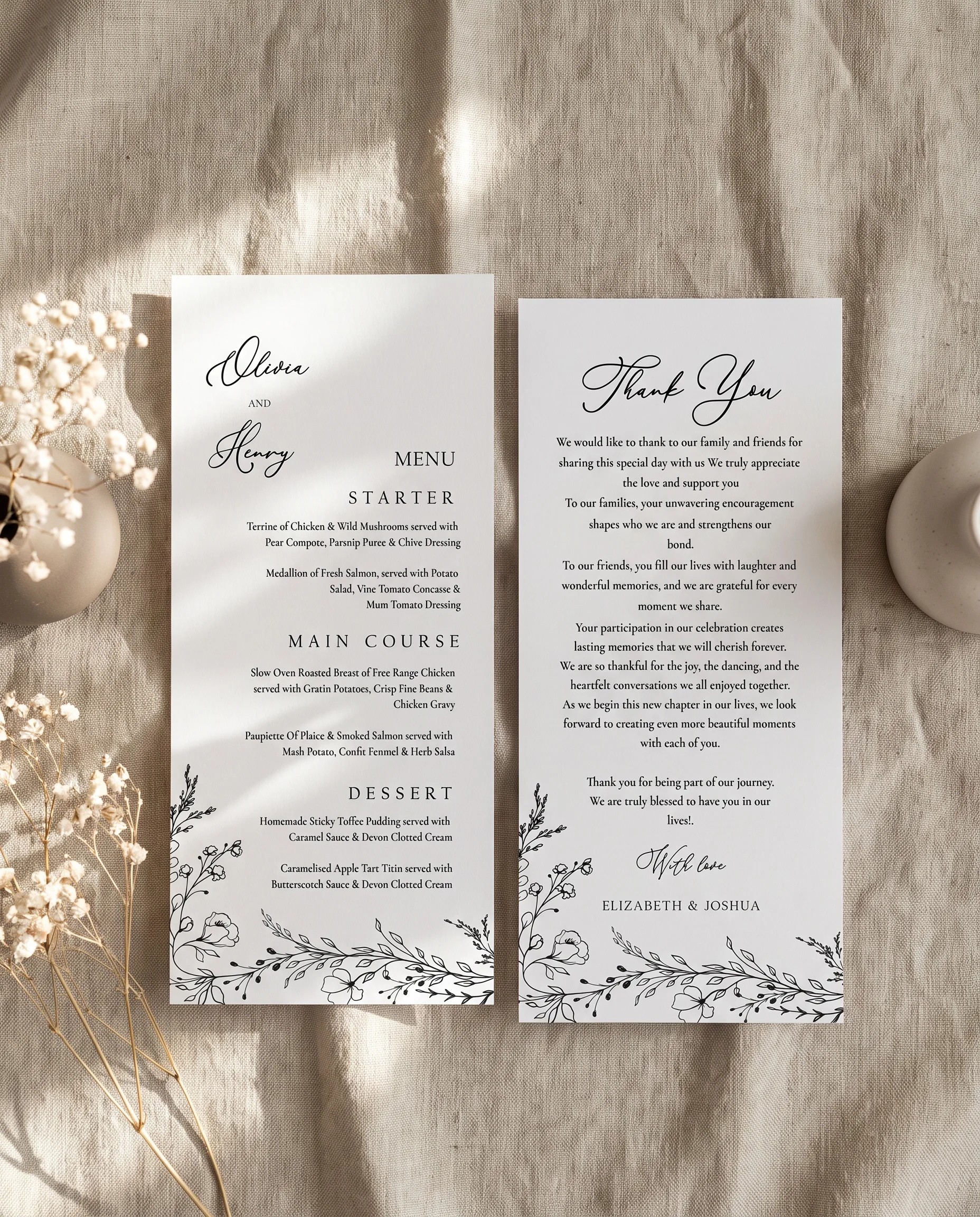 Meadow Sprig wedding menu — two pages arranged flat on premium editorial paper under soft natural light with slight overhead angle, wedding menu