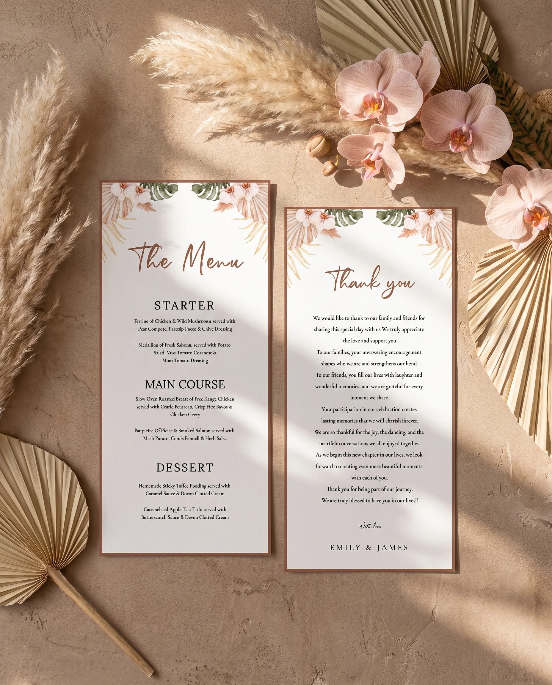 Palm Orchid wedding menu — two menu pages shown flat under soft natural light with a slight overhead angle, wedding menu