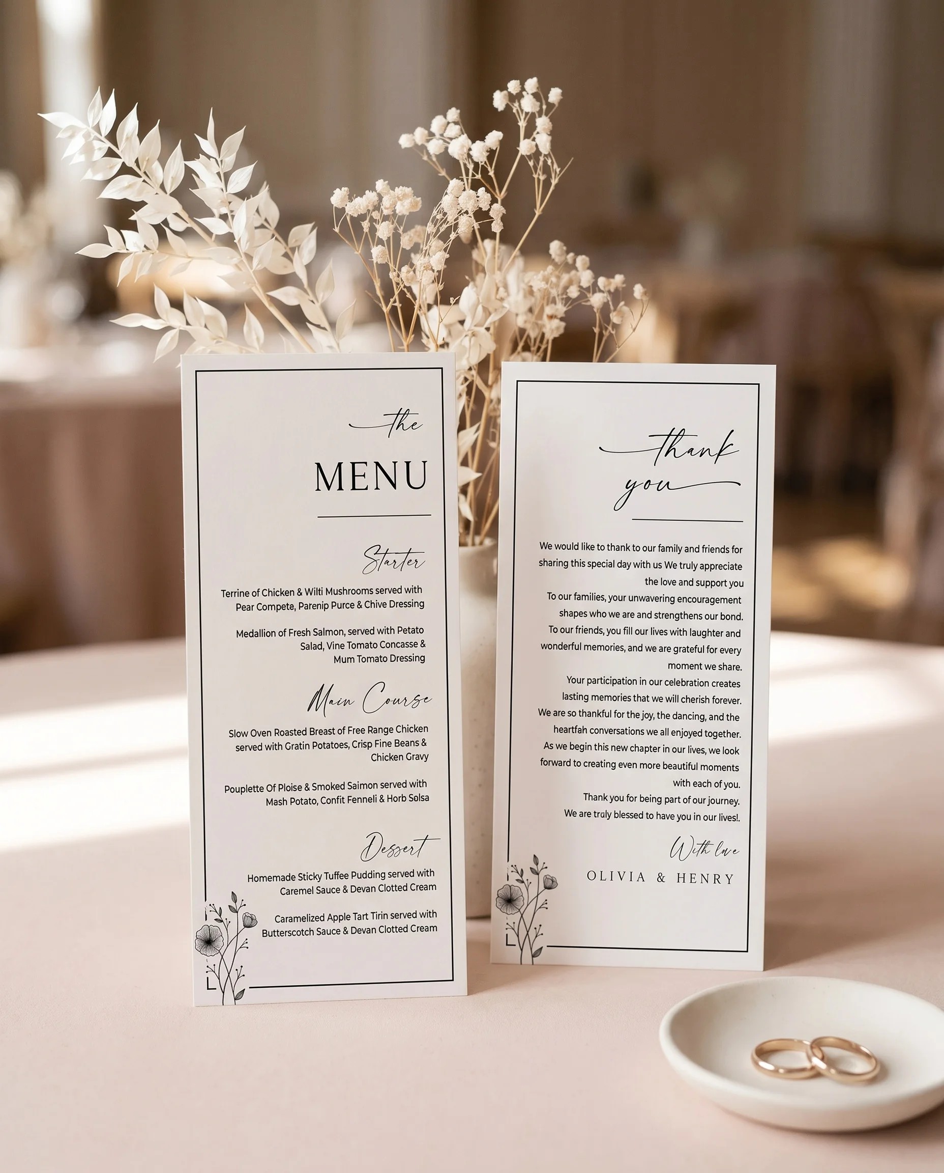 Hush Bloom wedding menu — two cards standing upright on a reception table under soft natural light, wedding menu template.