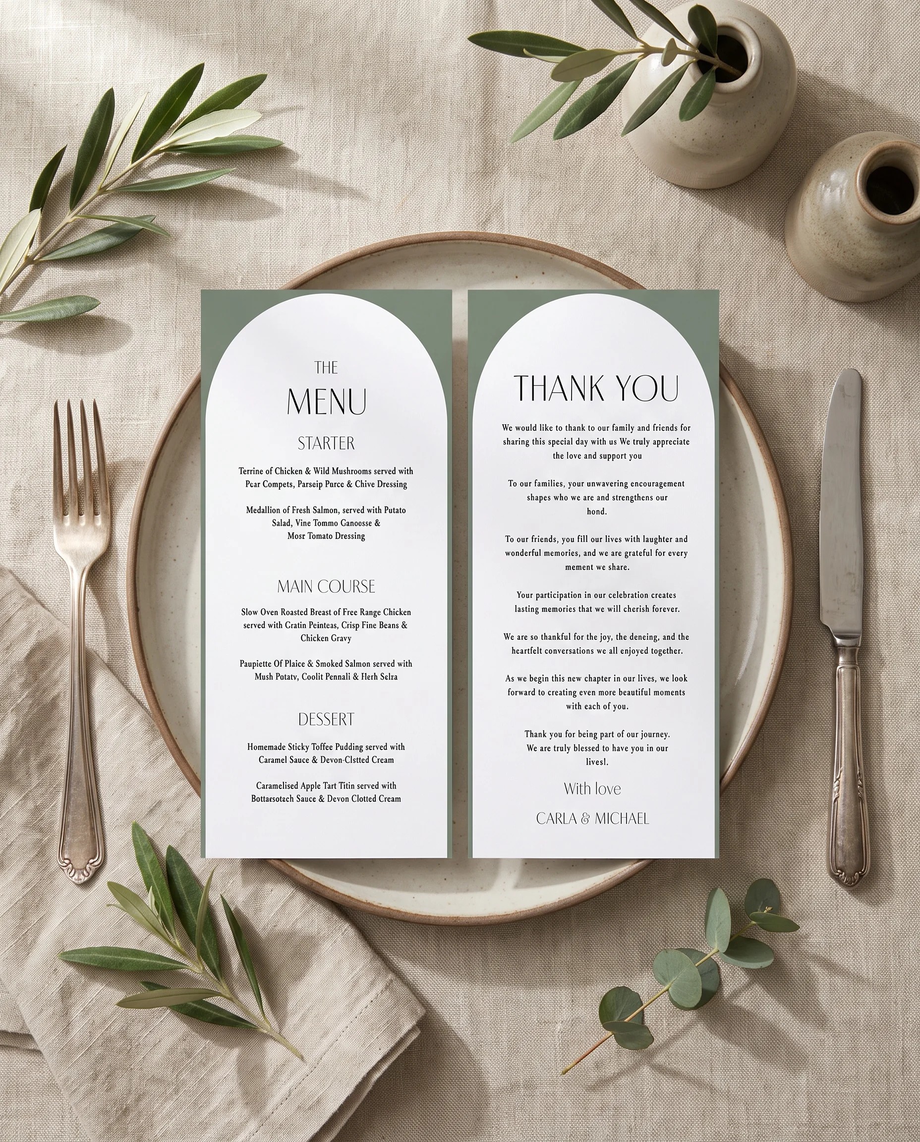 Arc Vale wedding menu — menu and thank you card resting on a plate at a place setting in soft light, wedding menu cards