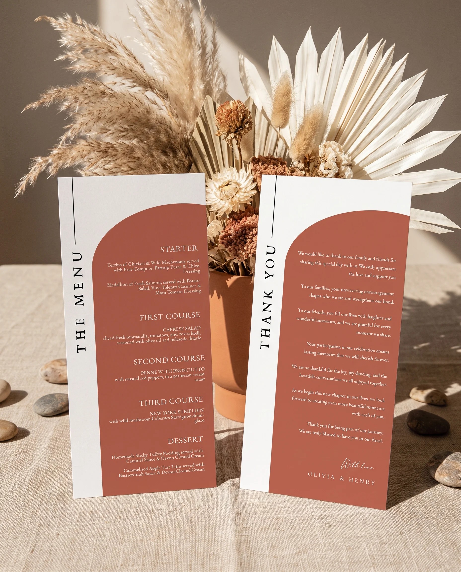 Desert Bloom wedding menu — menu and thank you card standing upright on a reception table under soft natural light, wedding menu template.