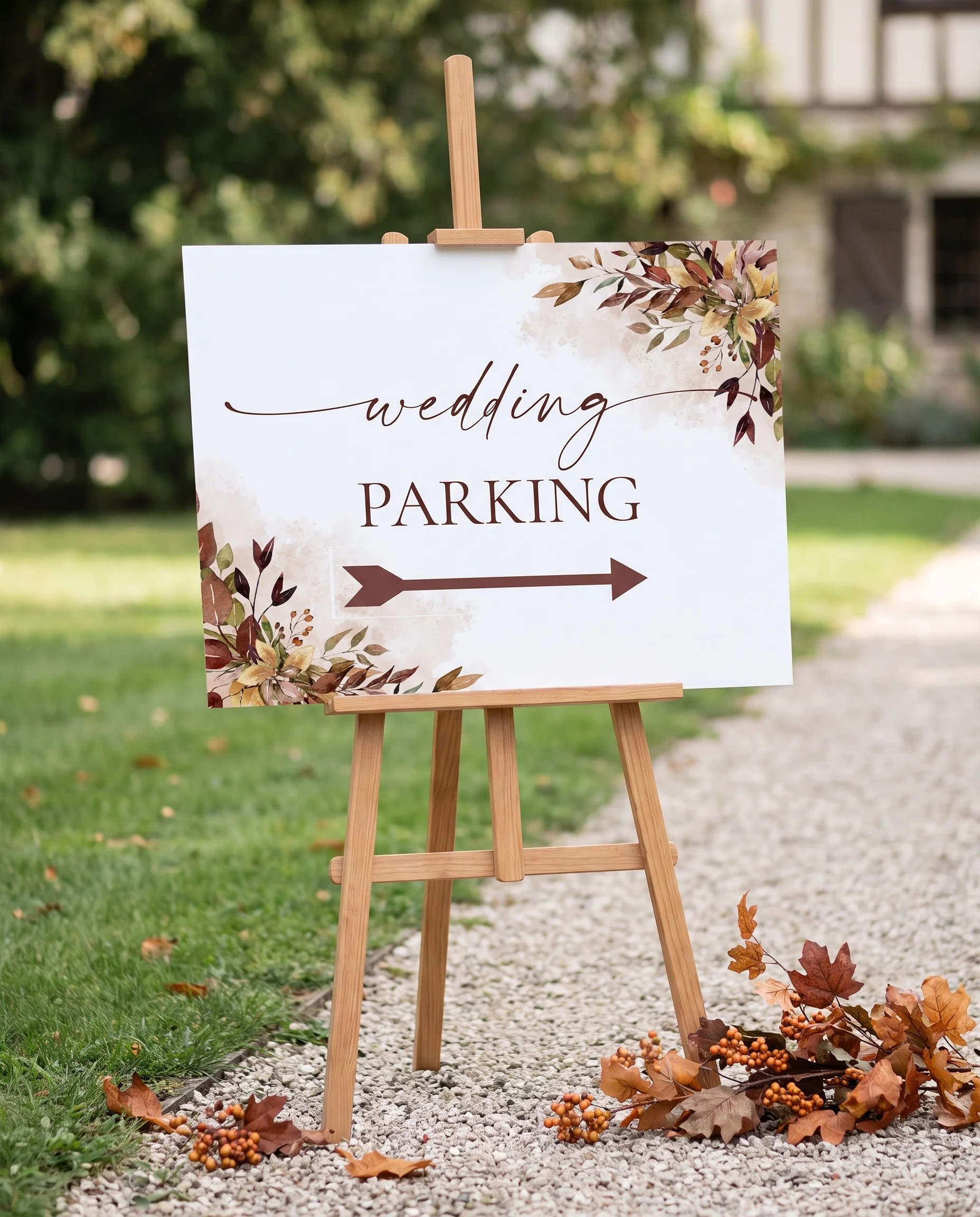 Autumn Bough wedding parking sign — displayed at a venue entrance under soft natural light, premium editorial wedding signs.