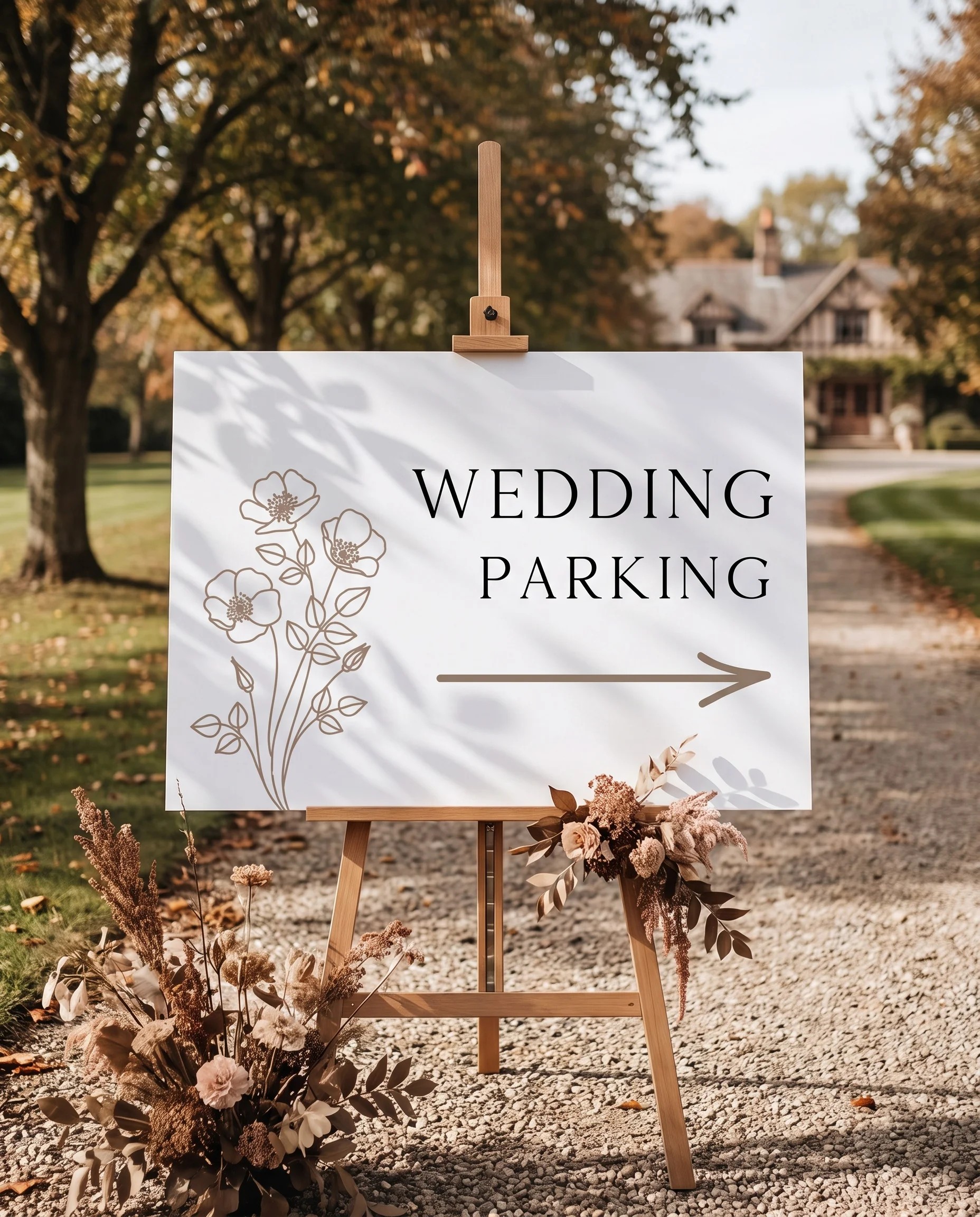 Anemora wedding parking sign — displayed at a venue entrance under soft natural light, slight overhead angle, wedding signs