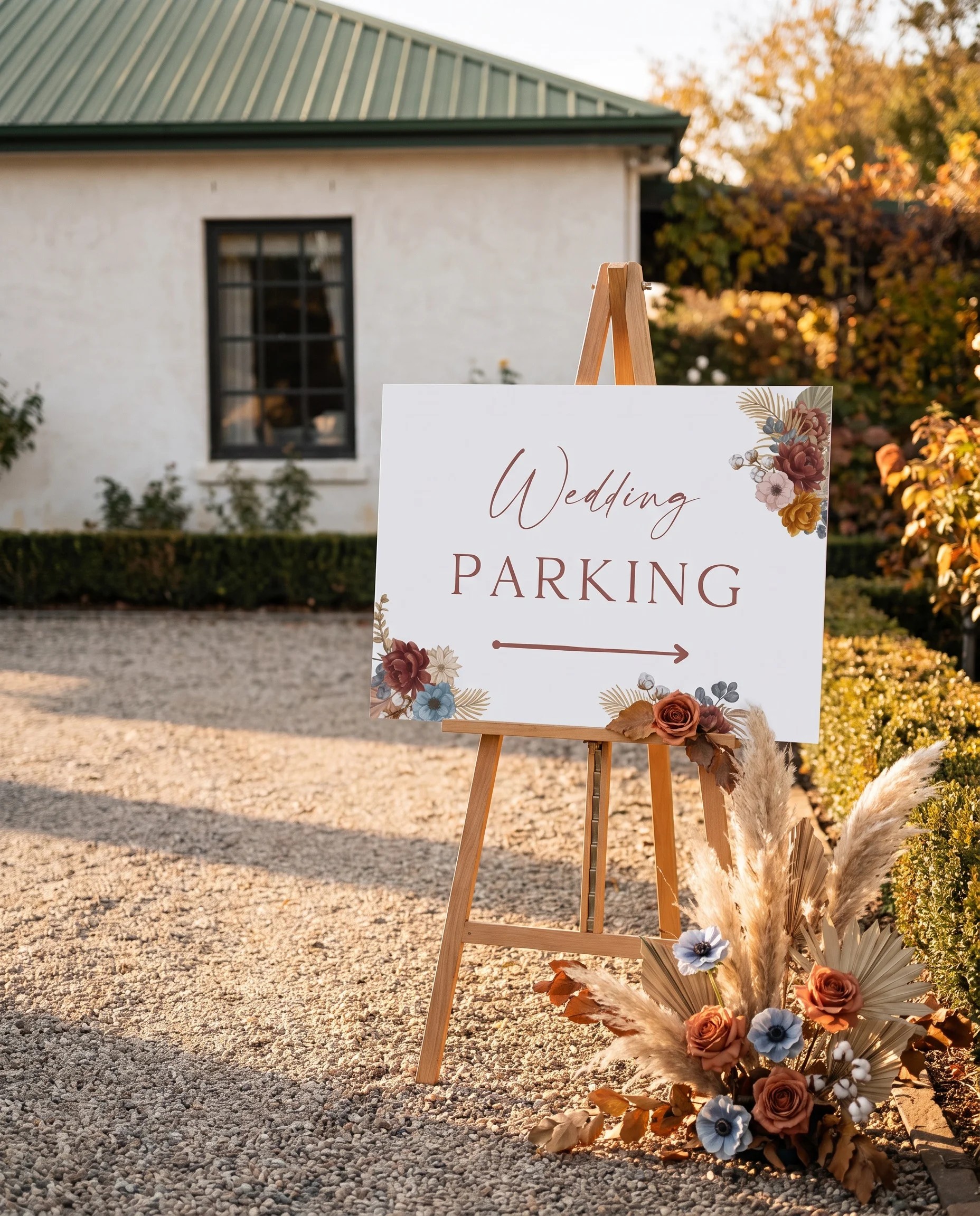 Marisol Bloom wedding parking sign — displayed at a venue entrance under soft natural light, premium editorial wedding signs.