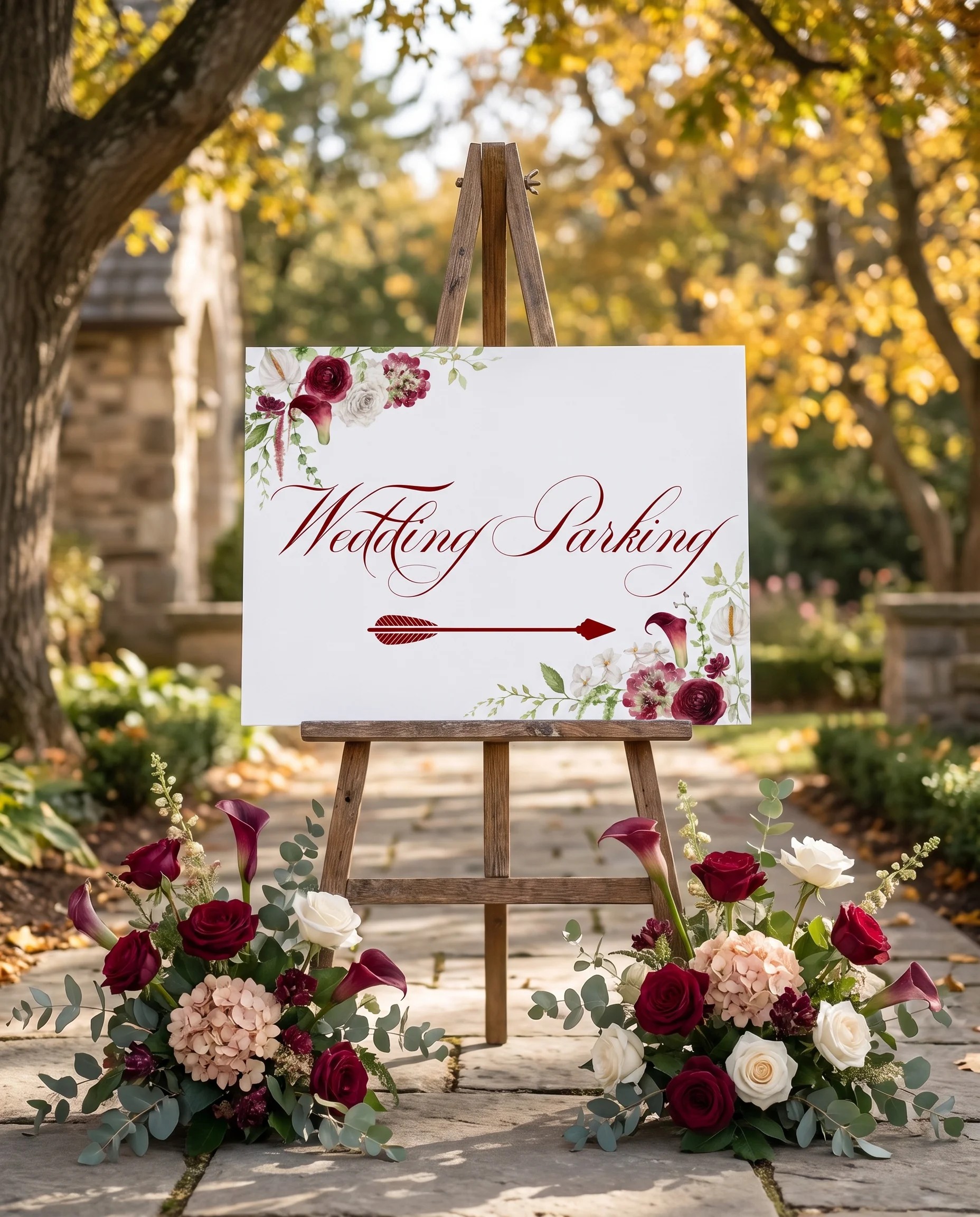 Burgundy Calla wedding parking sign — displayed at a venue entrance under soft natural light with a slight overhead angle, wedding signs.