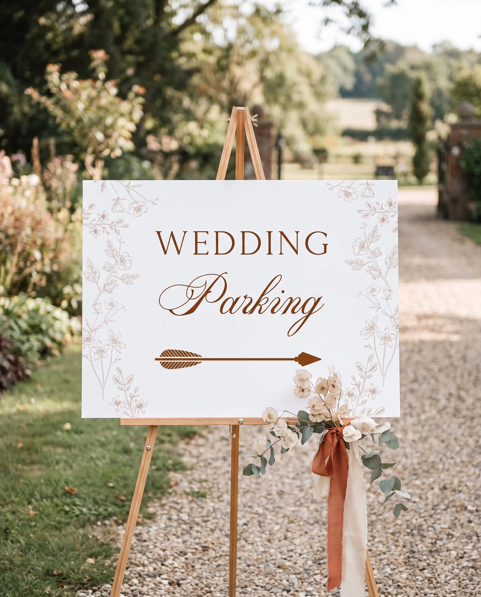 Petalcrest wedding parking sign — displayed at a venue entrance under soft natural light with a slight overhead angle, wedding signs