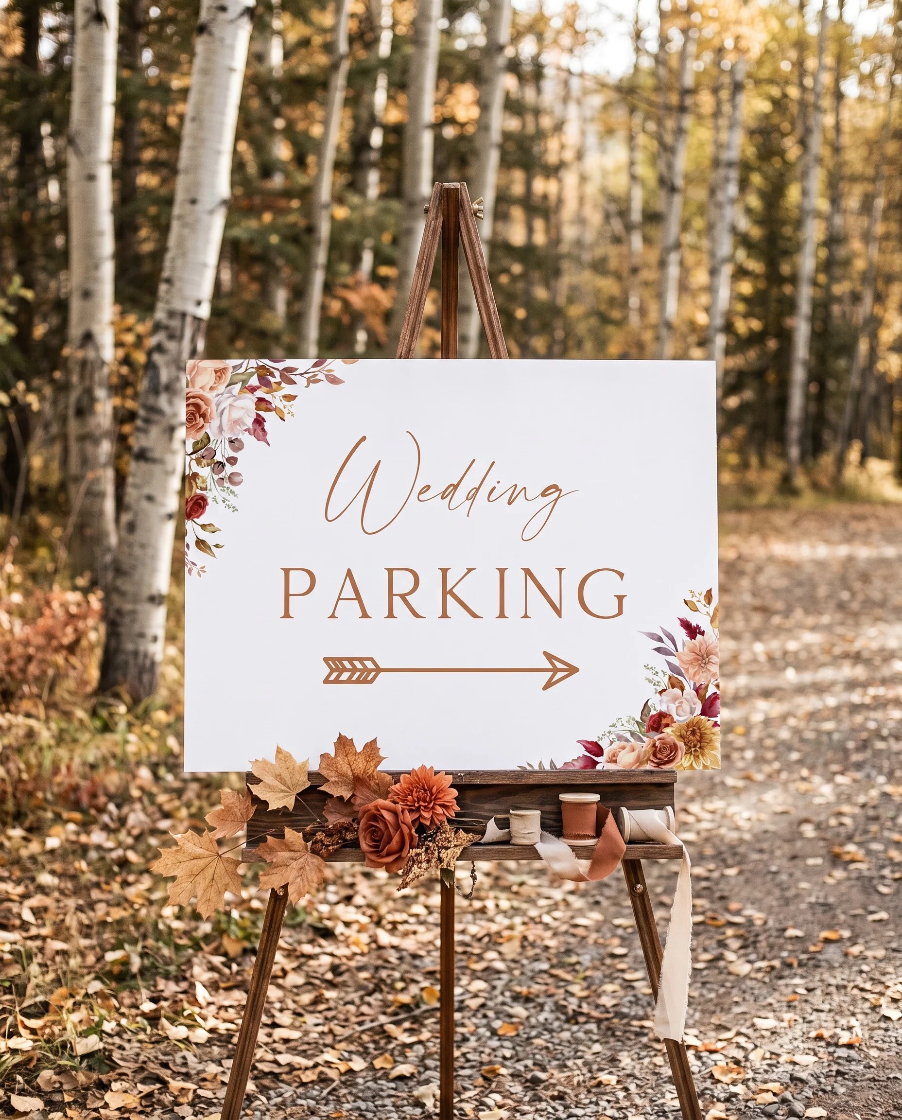 Autumn Bloom wedding parking sign — displayed at a venue entrance under soft natural light, premium editorial wedding signs.