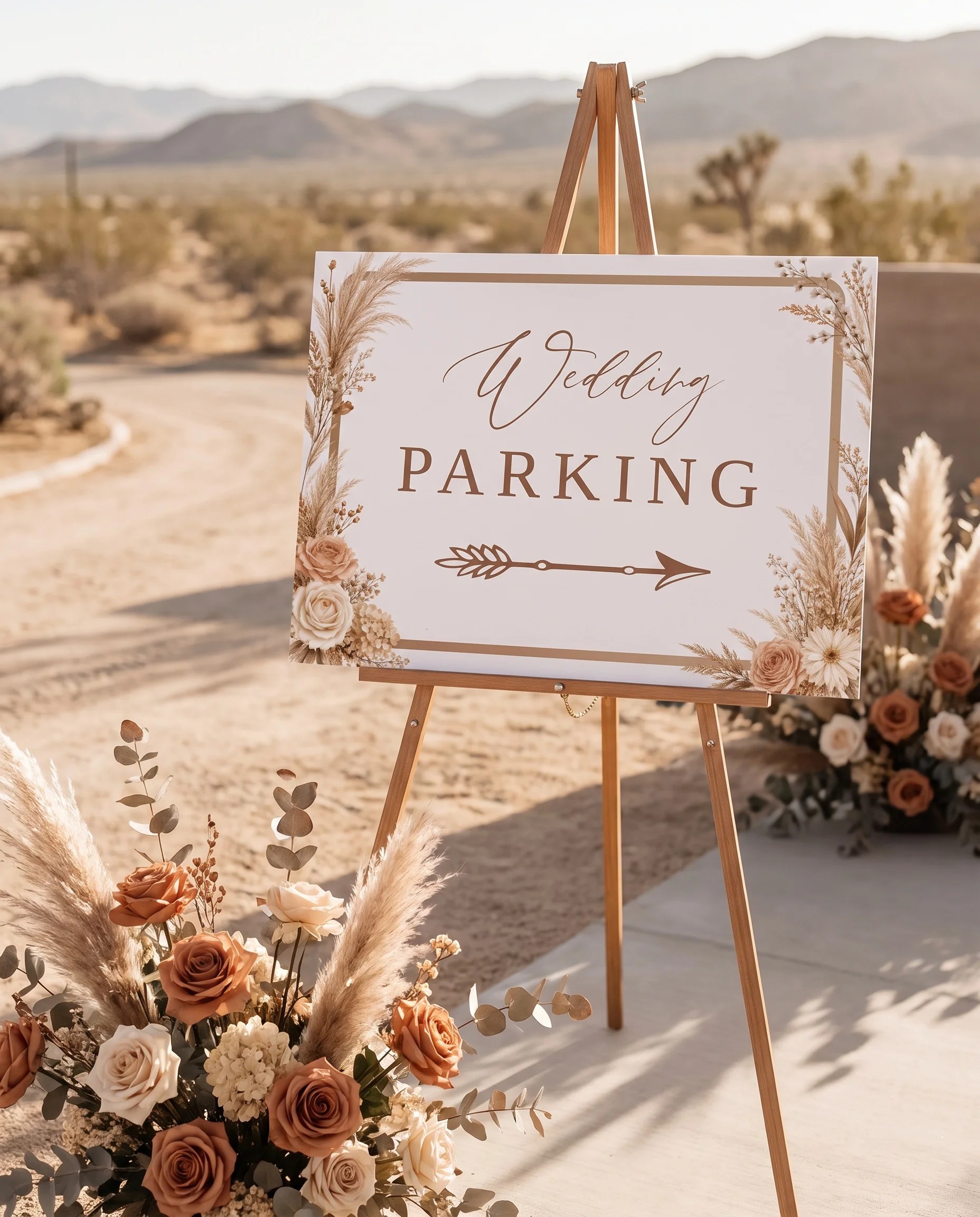 Pampas Hush wedding parking sign — displayed at a venue entrance under soft natural light with a slight overhead angle, wedding signs