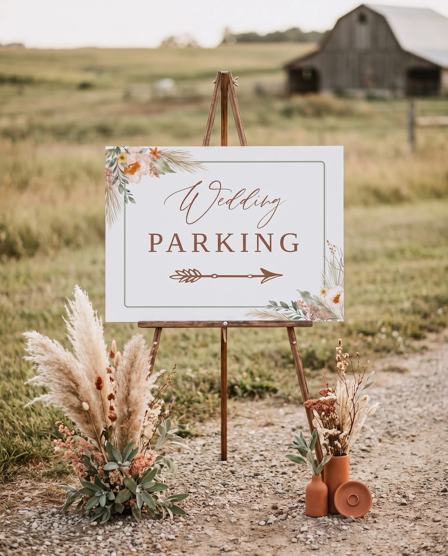 Prairie Fern wedding parking sign — displayed at a venue entrance under soft natural light, wedding signs.
