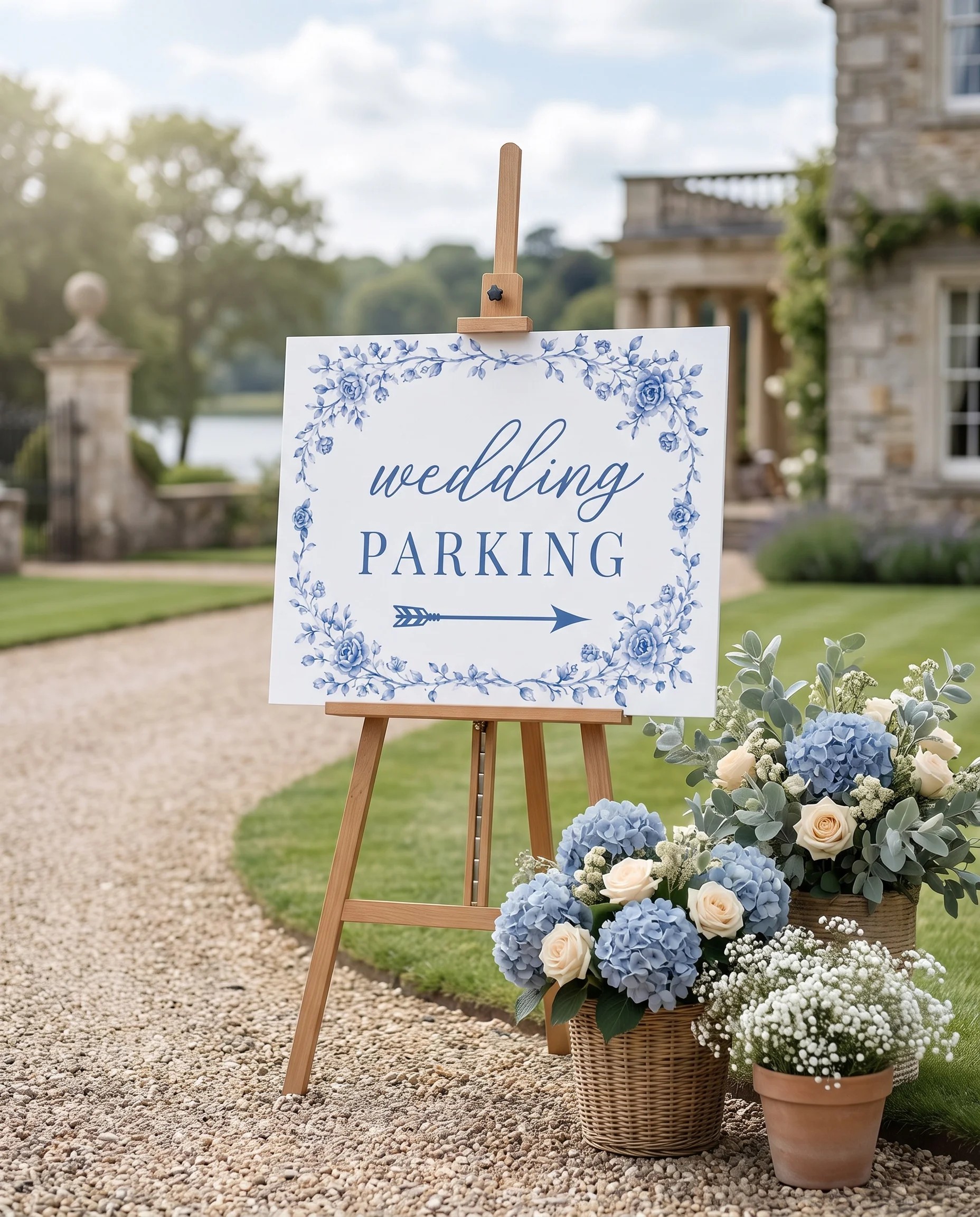 Blue Heron wedding parking sign — single page shown at a venue entrance under soft natural light, wedding signs.