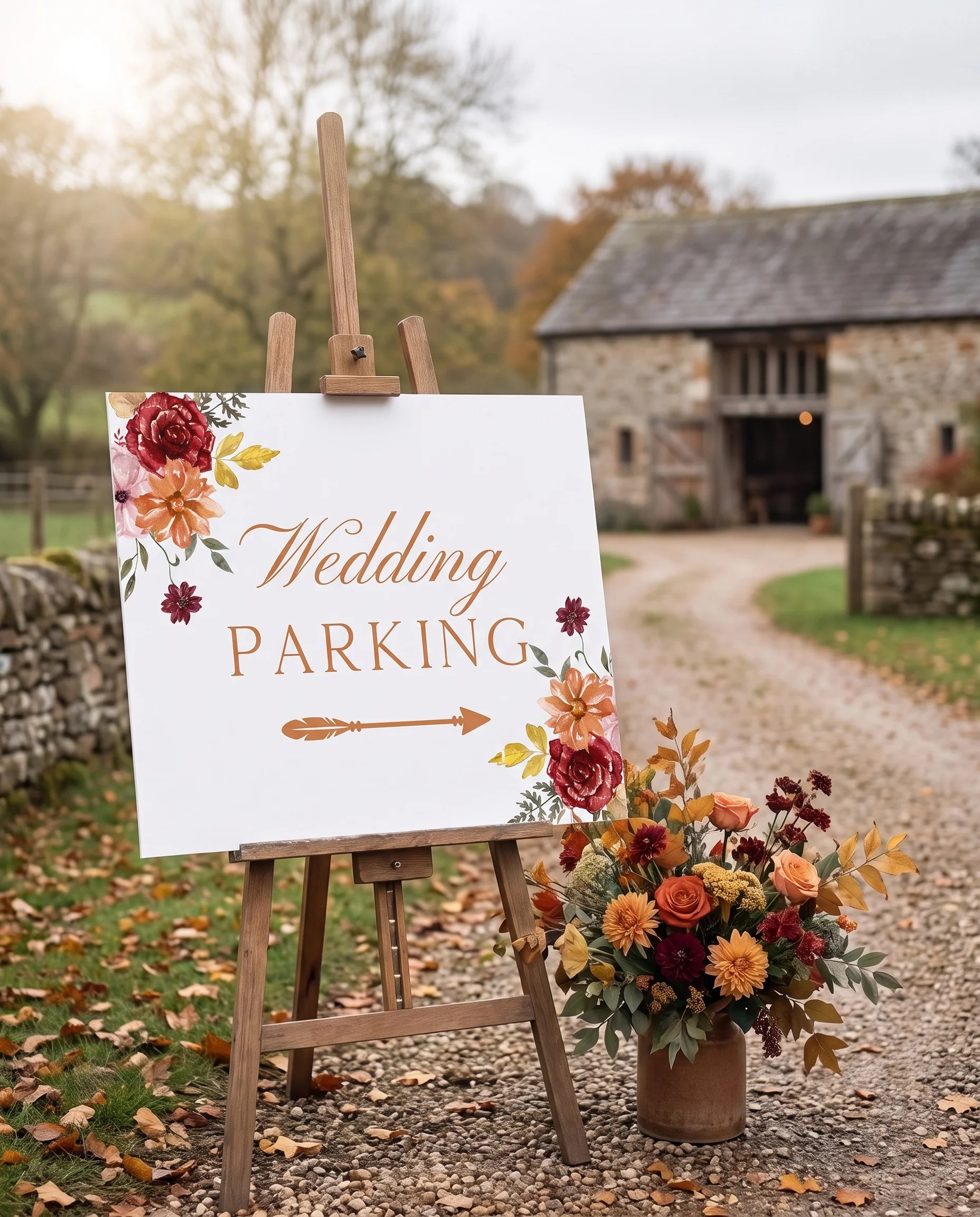 Ember Bloom wedding parking sign — displayed at a venue entrance under soft natural light, wedding signs