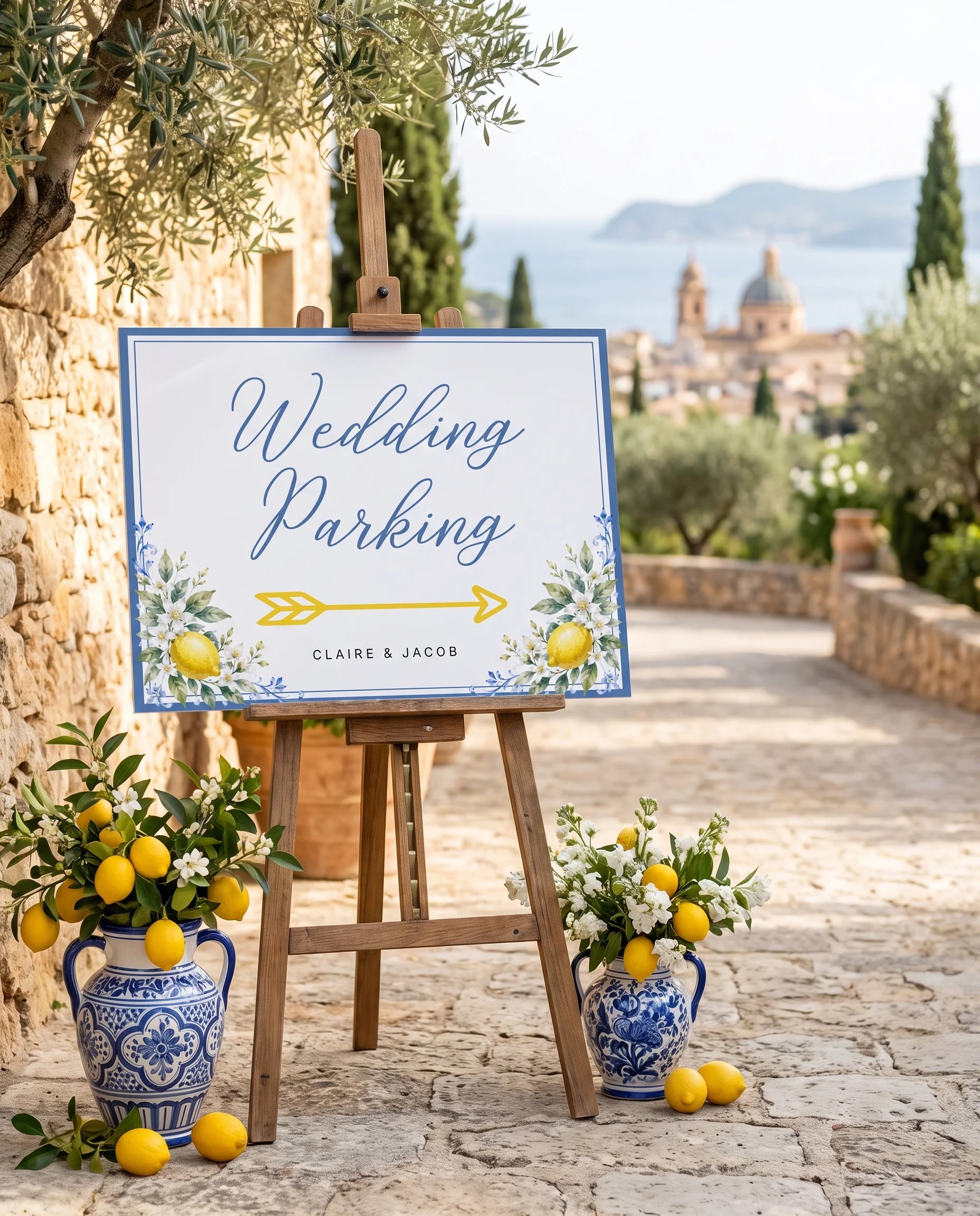 Amalfi Grove wedding parking sign — displayed at a venue entrance under soft natural light with a slight overhead angle, wedding signs