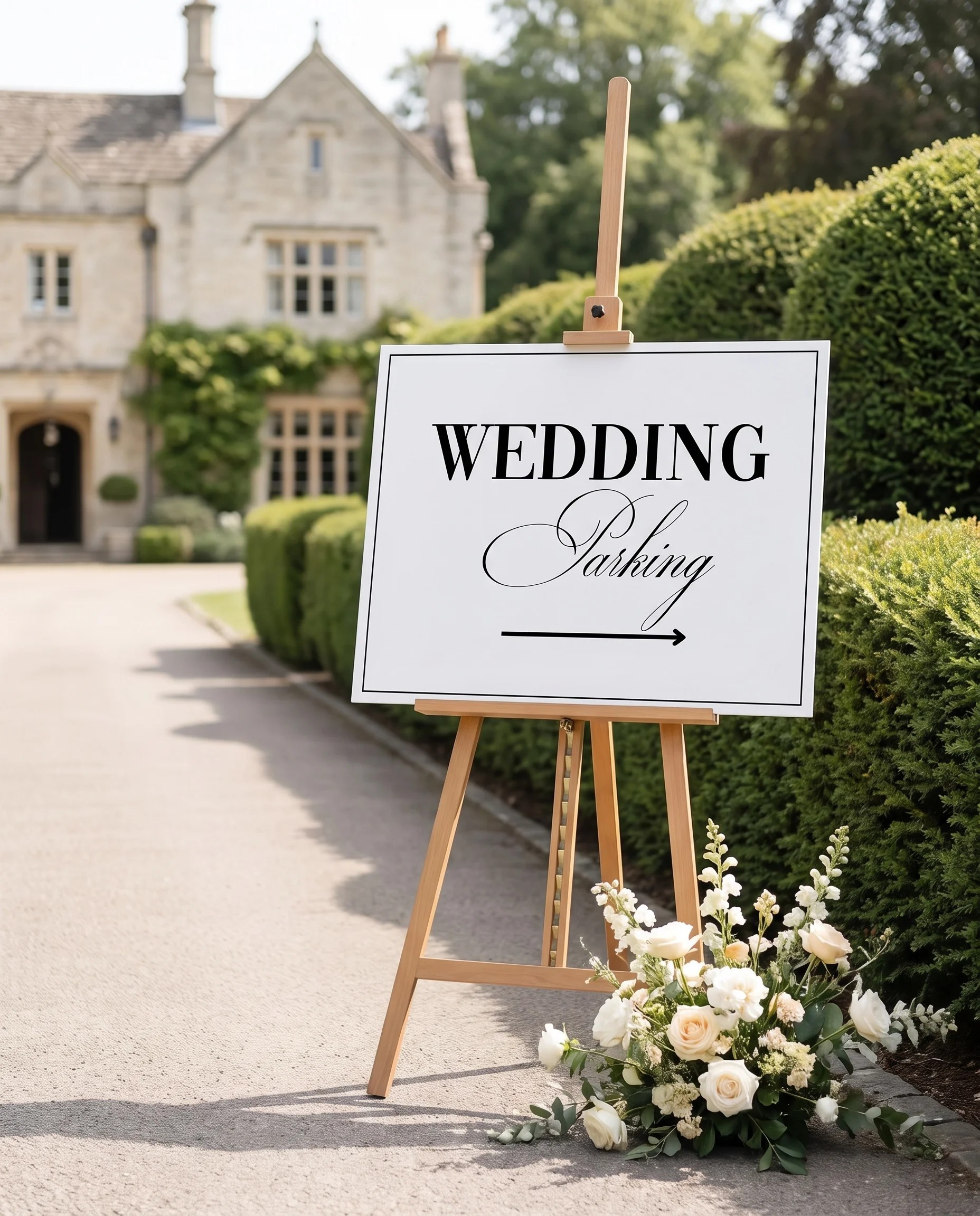 Crestline wedding parking sign — displayed at a venue entrance under soft natural light with a slight overhead angle, wedding signs.