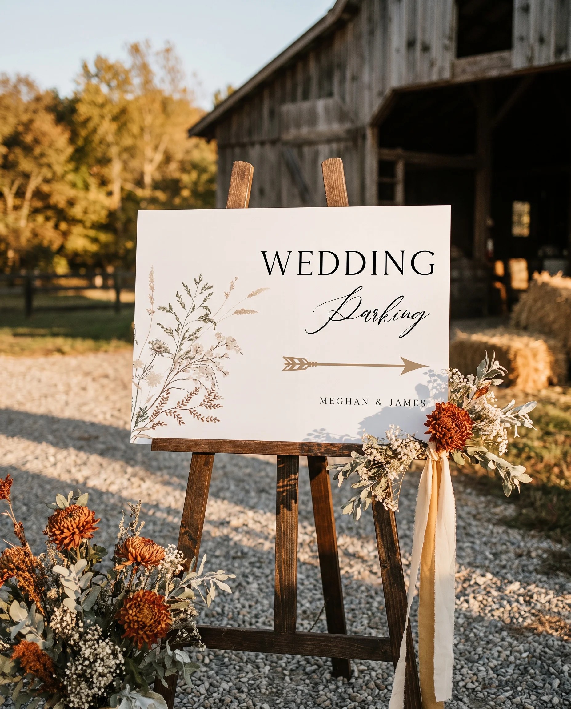 Bramble Court wedding parking sign — shown at a venue entrance under soft natural light with a slight overhead angle, wedding signs.
