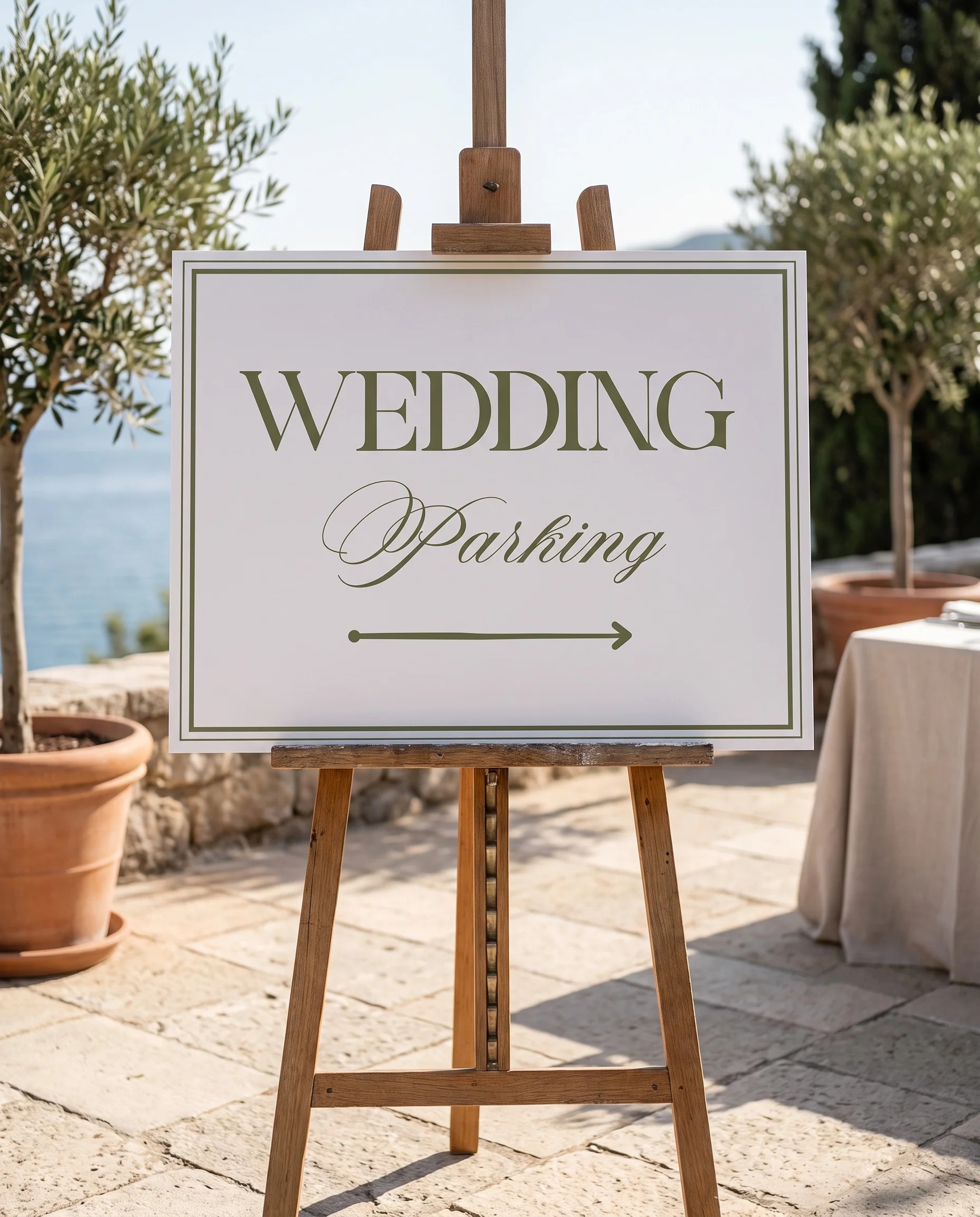 Olive Script wedding parking sign — displayed on an easel under soft natural light with a slight overhead angle, wedding parking signs.