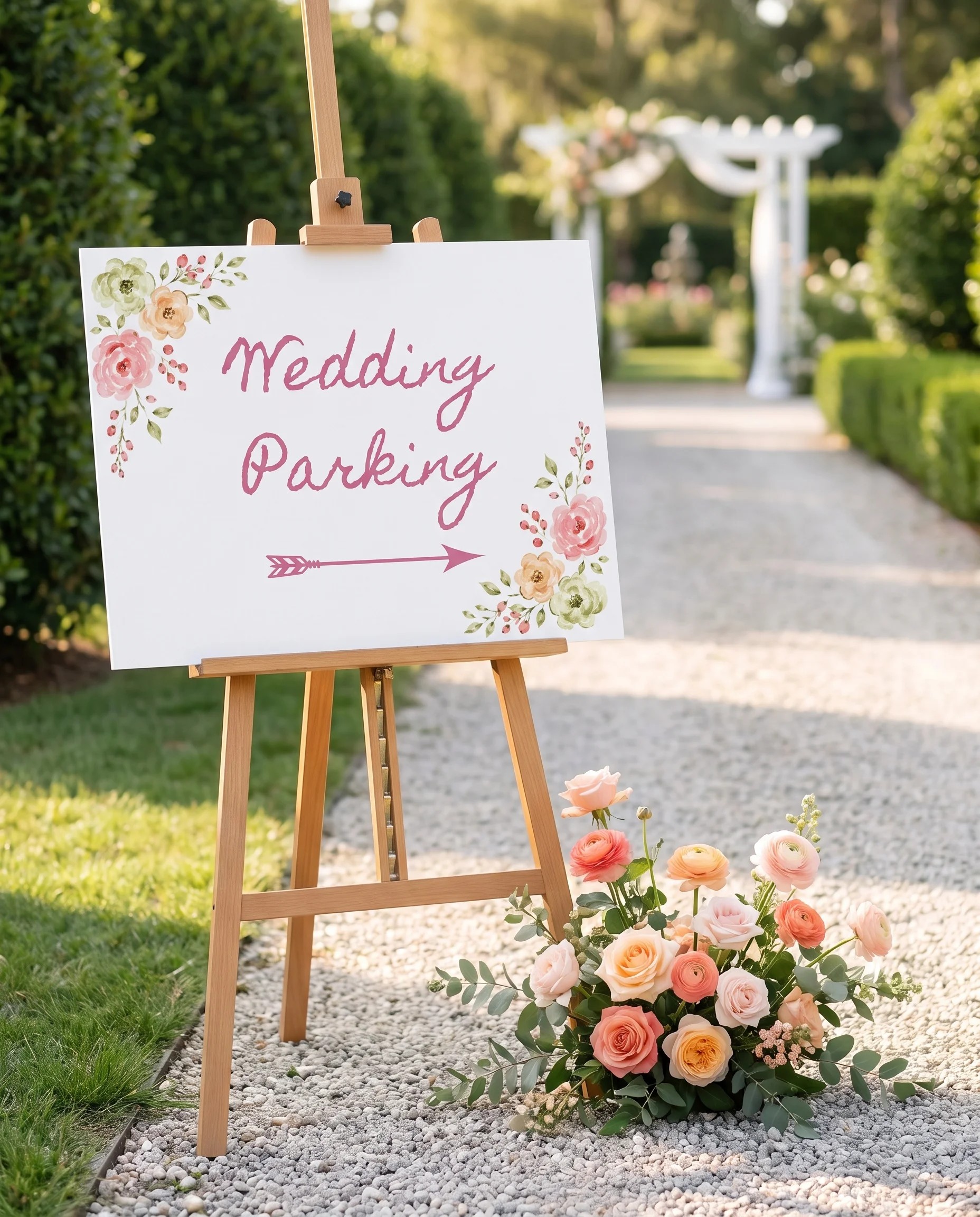 Blush Garland wedding parking sign — displayed at a venue entrance under soft natural light with a slight overhead angle, wedding signs.