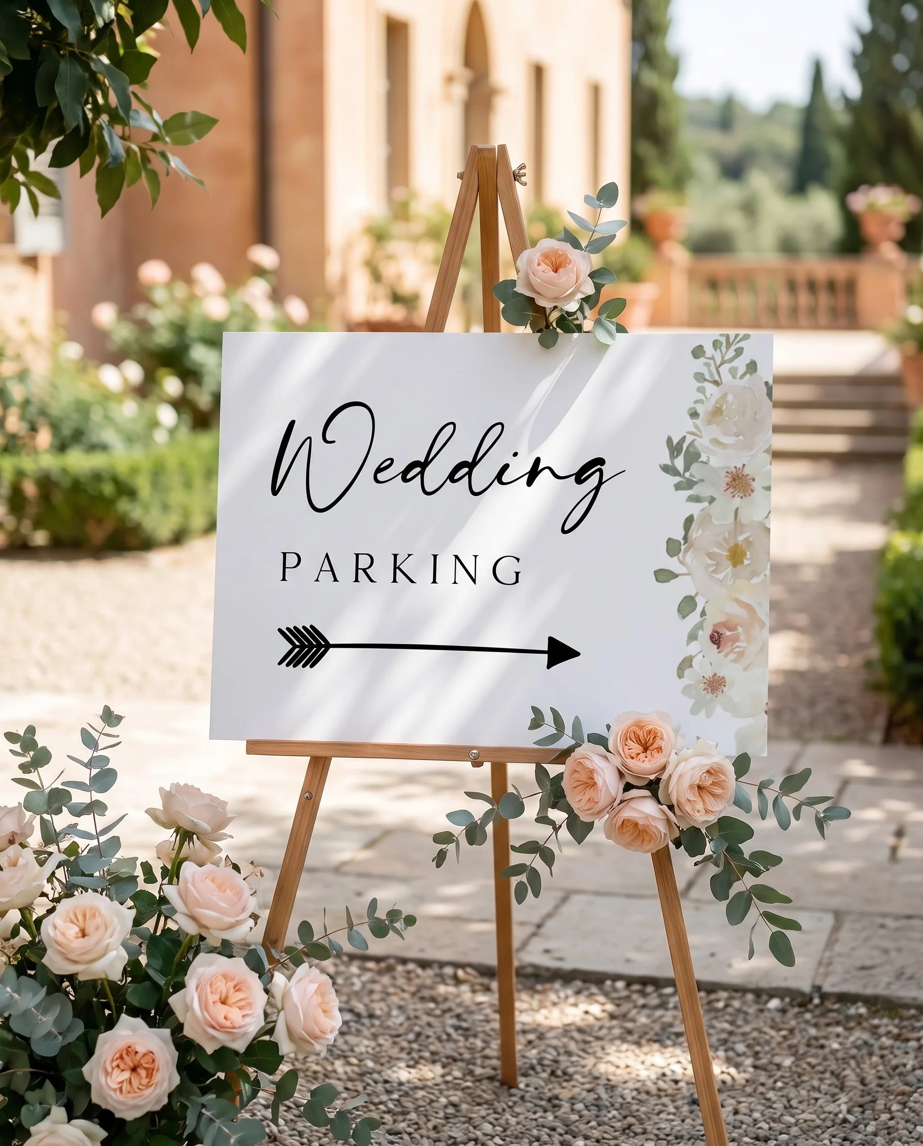 Seraphine wedding parking sign — displayed at a venue entrance under soft natural light, shot from a slight overhead angle, wedding signs.