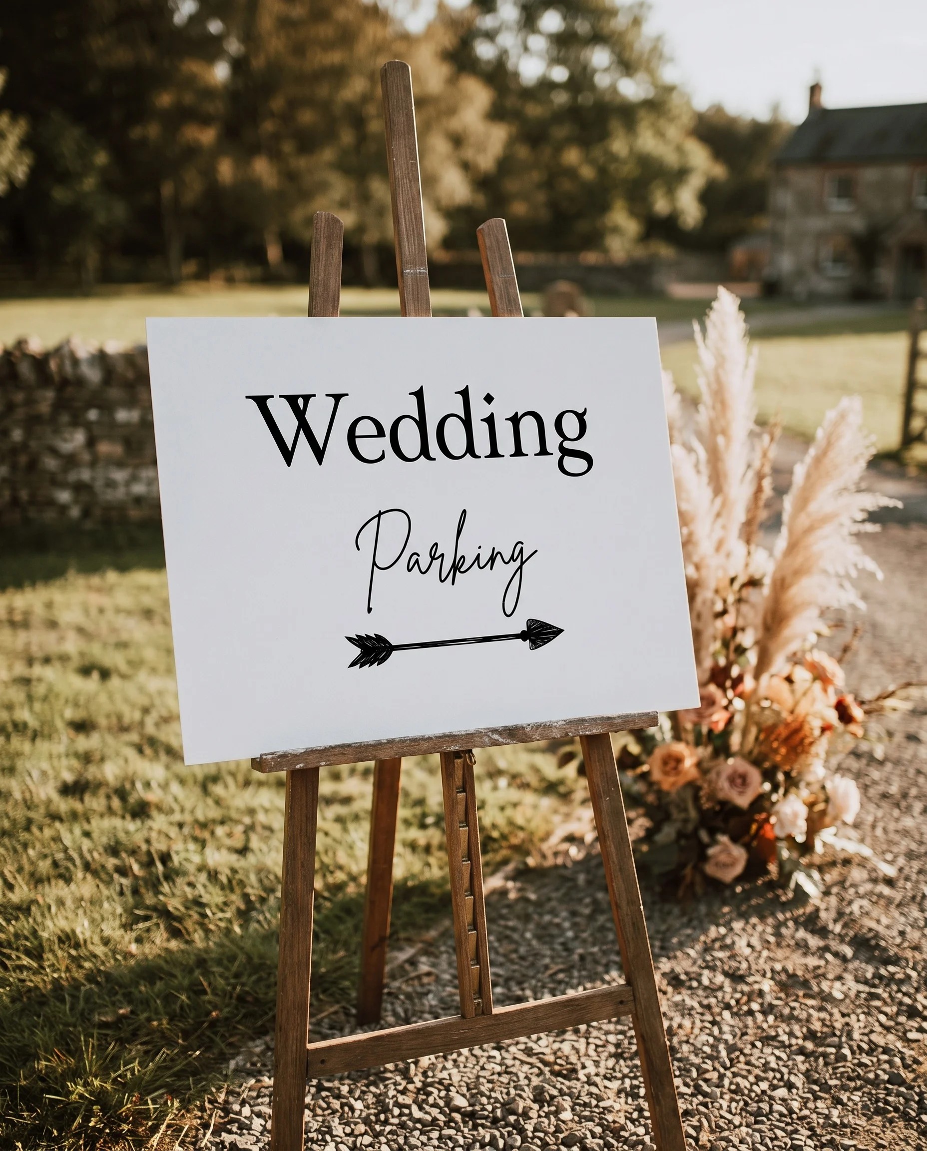 Arrowcrest wedding parking sign — displayed at a venue entrance under soft natural light with a slight overhead angle, wedding signs.