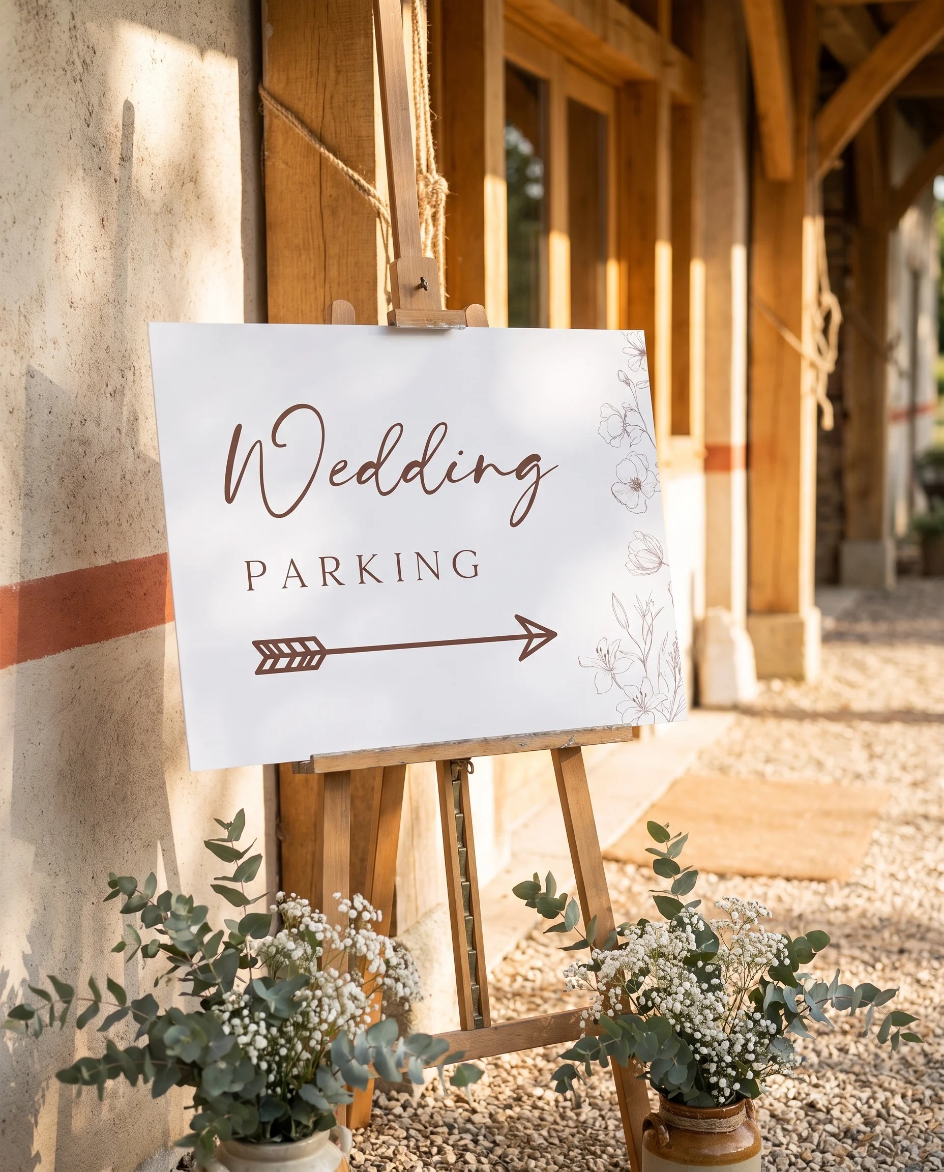 Arrow Bloom wedding parking sign — displayed at a venue entrance under soft natural light, premium editorial wedding signs.