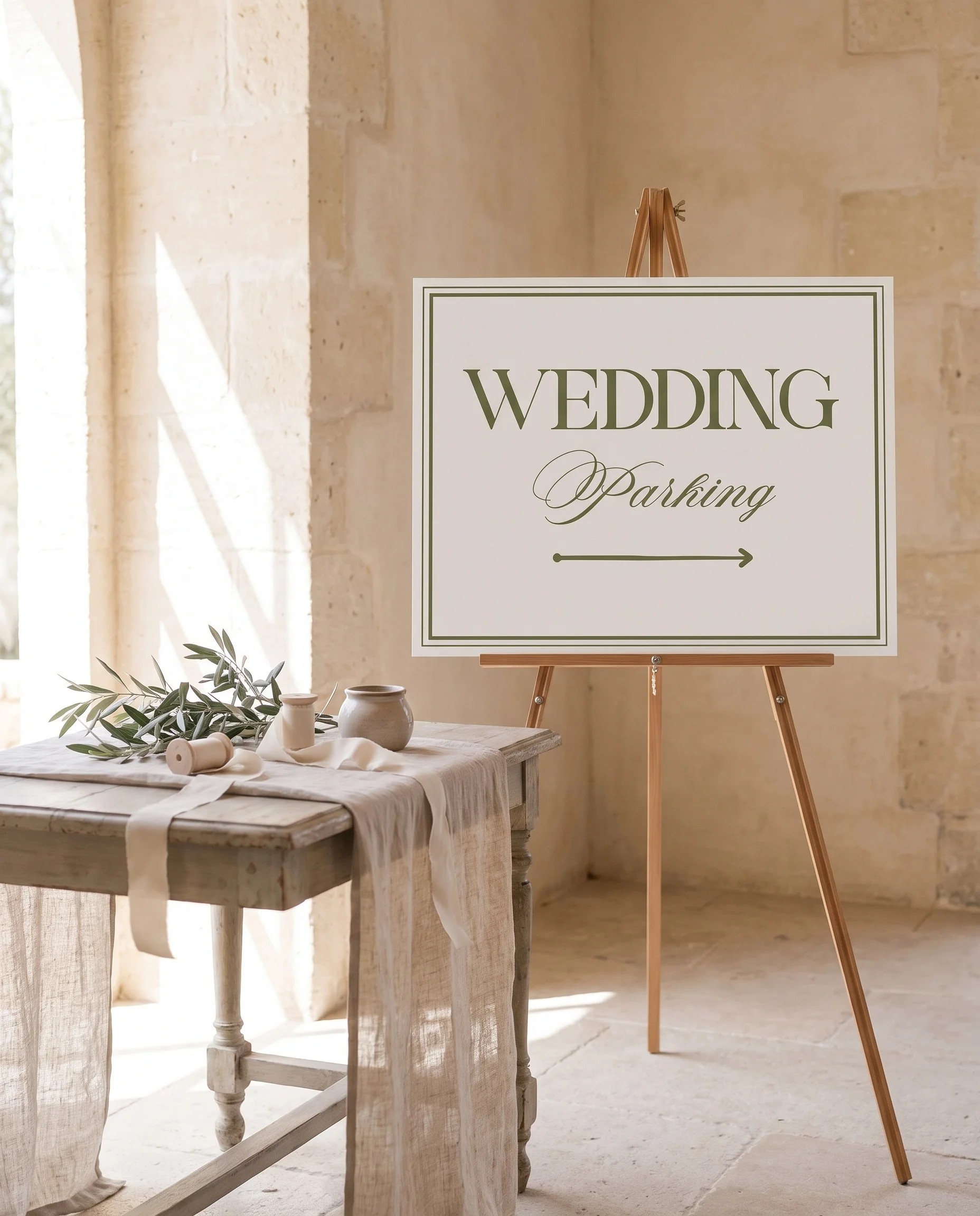 Olive Script wedding parking sign — Page 1 shown beside furniture for scale under soft natural light, wedding signage.