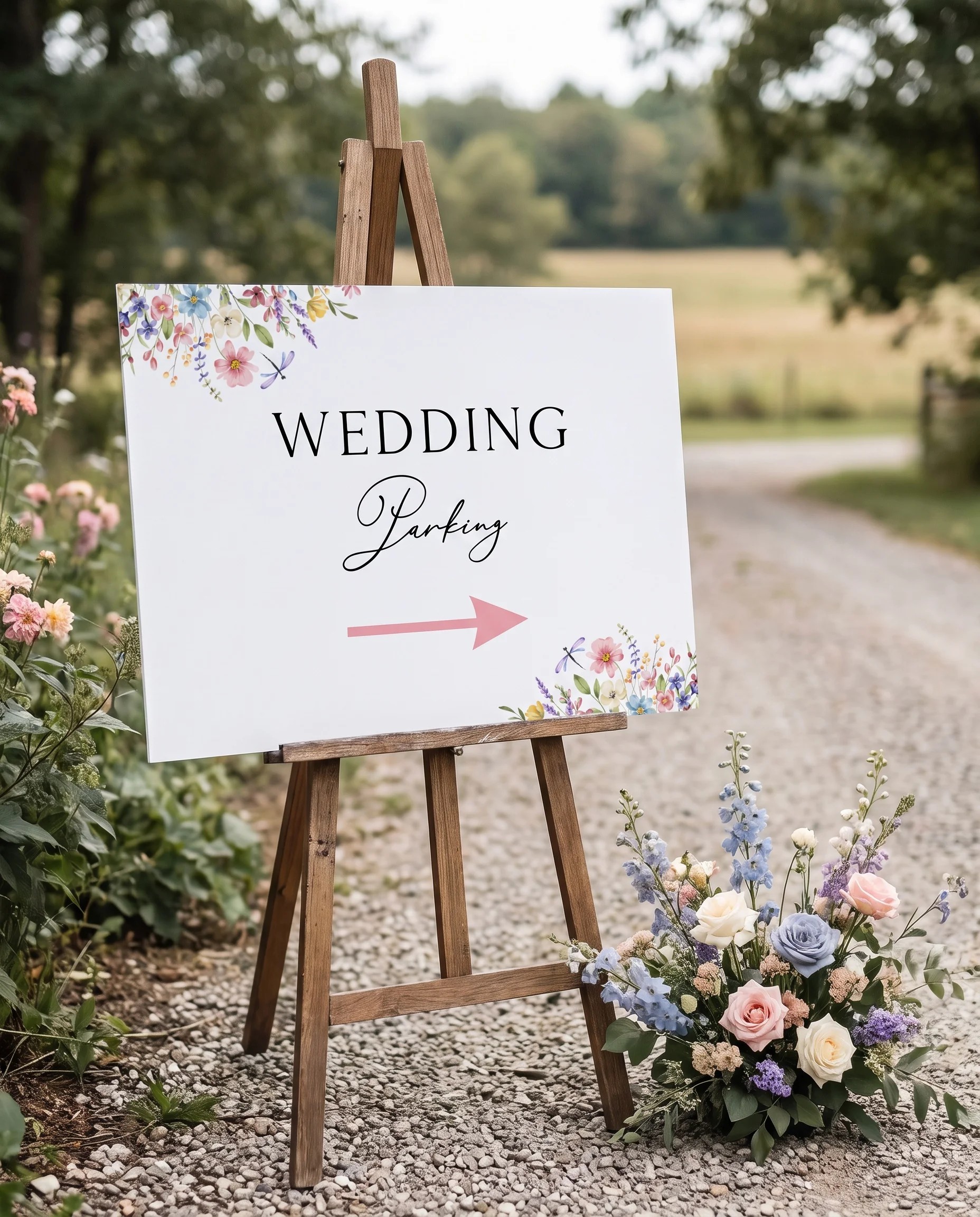 Meadowlark wedding parking sign — displayed at a venue entrance under soft natural light, premium editorial wedding signs.