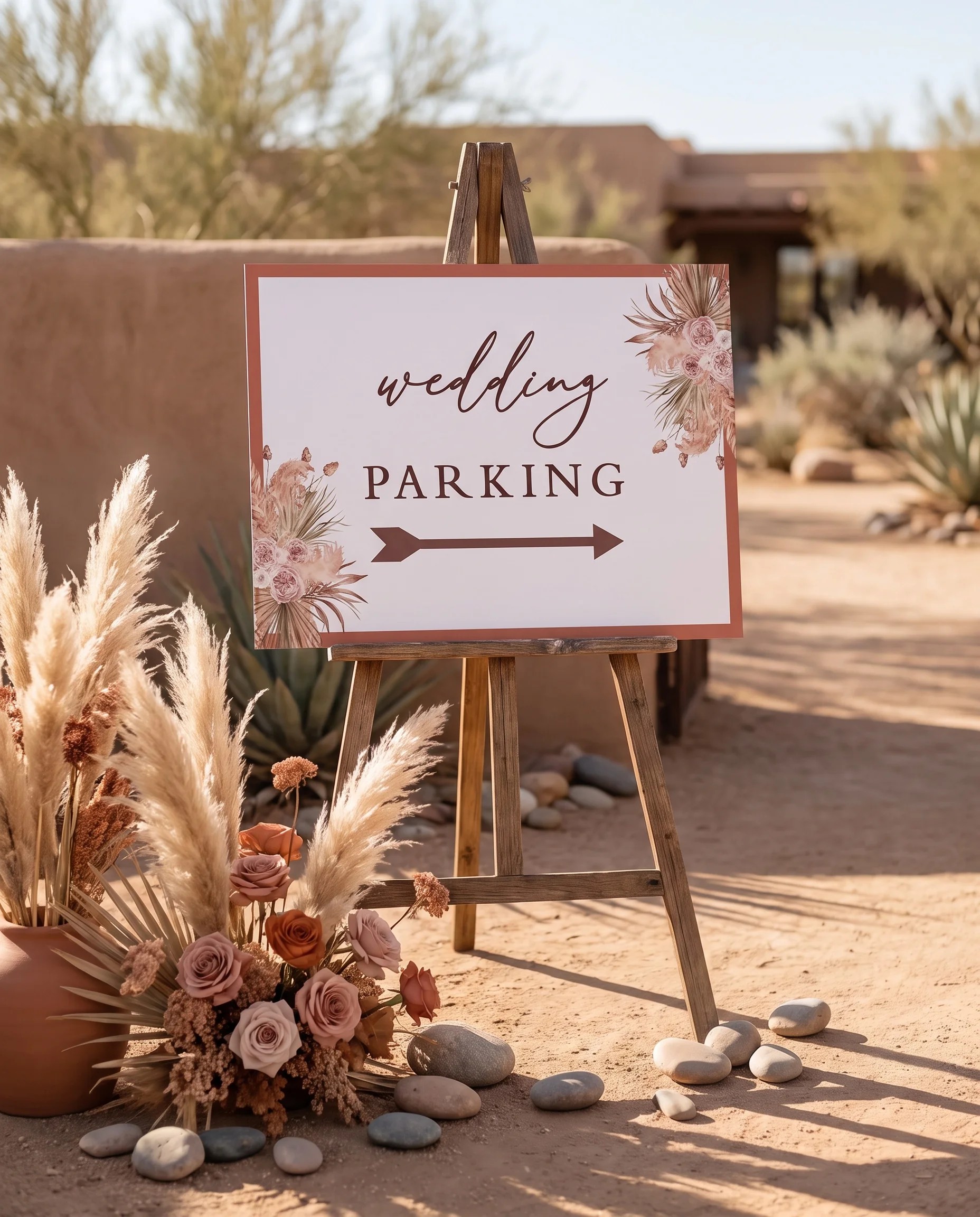 Desert Bloom wedding parking sign — displayed at a venue entrance under soft natural light with a slight overhead angle, wedding signs.
