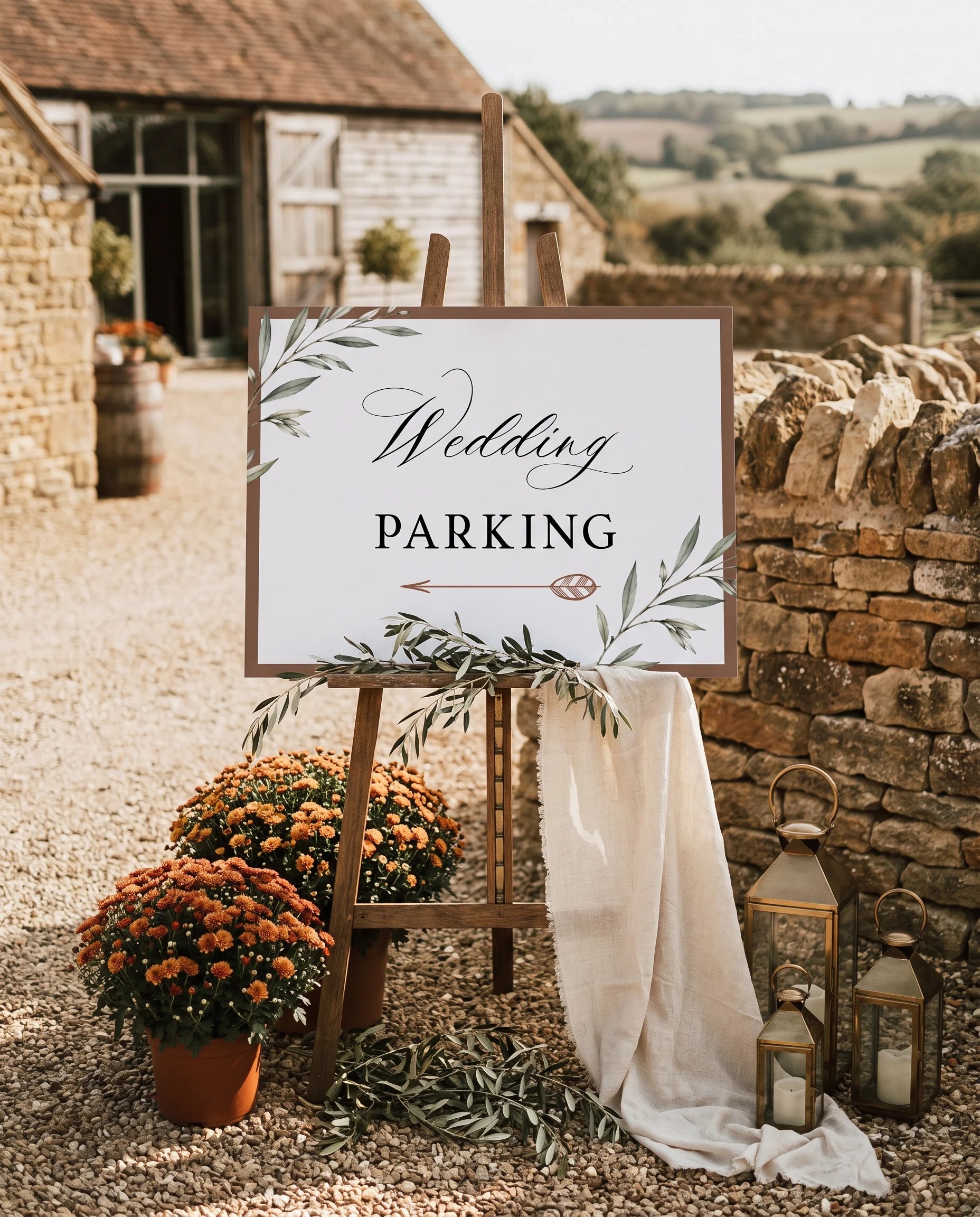 Olive Arc wedding parking sign — displayed at a venue entrance under soft natural light, wedding signs