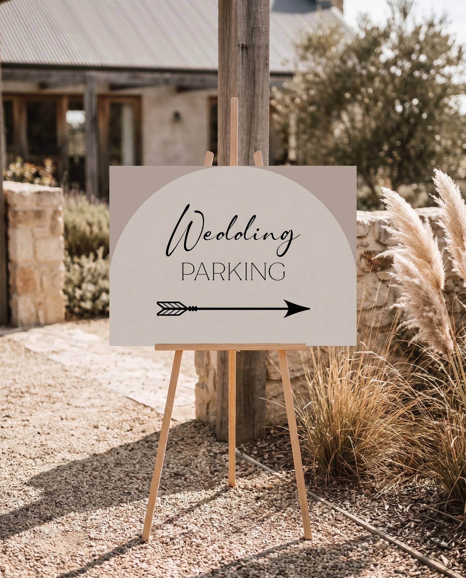 Tassel Arc wedding parking sign — displayed at a venue entrance under soft natural light with a slight overhead angle, wedding signs