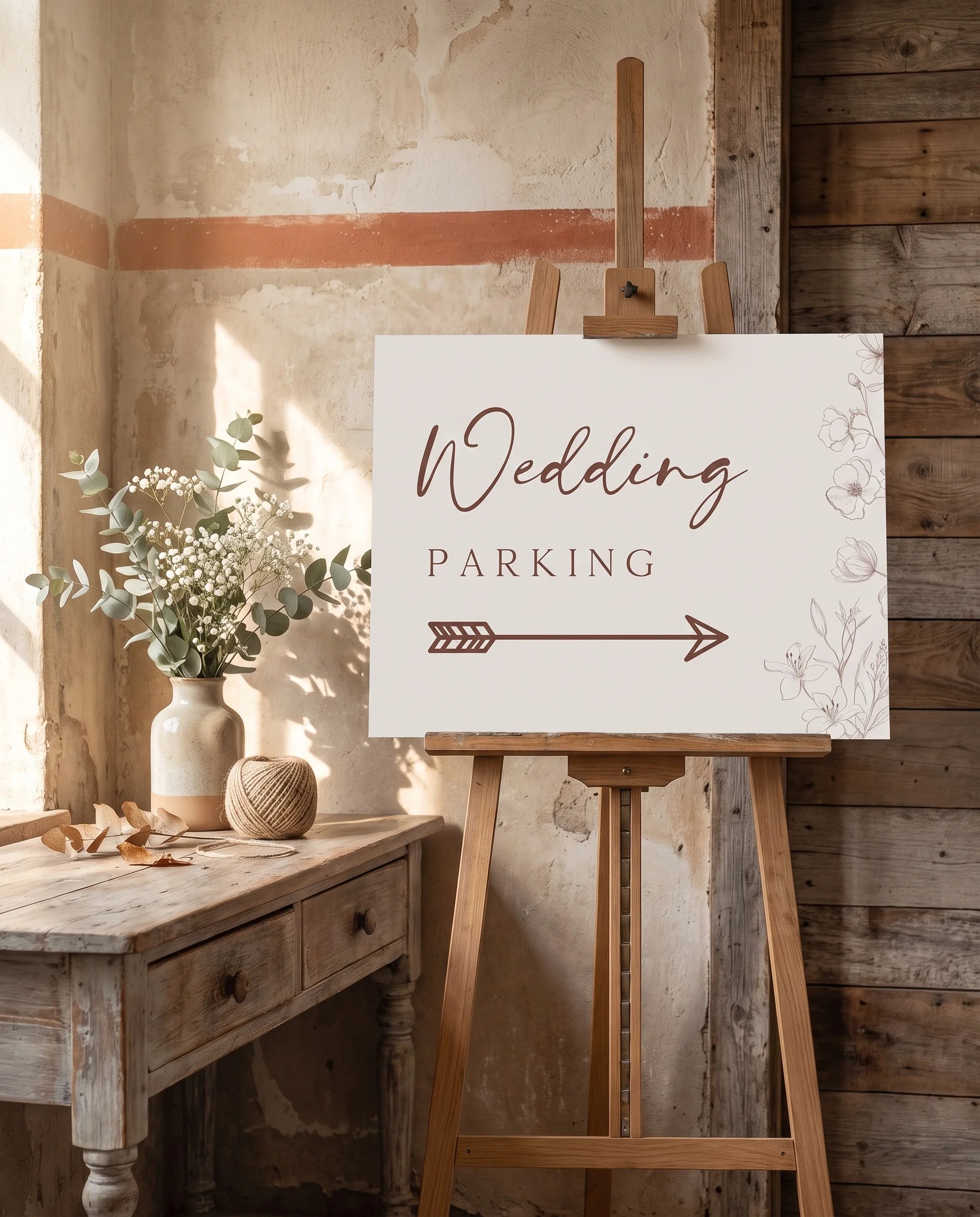 Arrow Bloom wedding parking sign — shown beside furniture for scale on premium editorial paper under soft natural light, wedding signage.