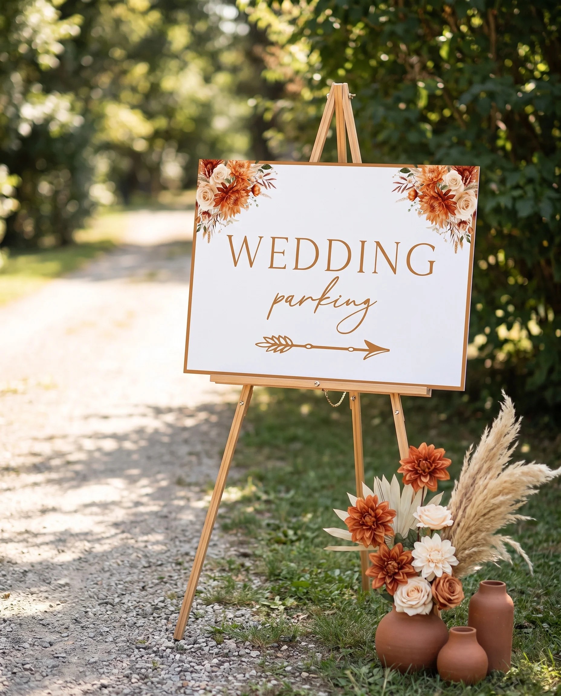 Marigold wedding parking sign — displayed at a venue entrance under soft natural light with a slight overhead angle, wedding signs.