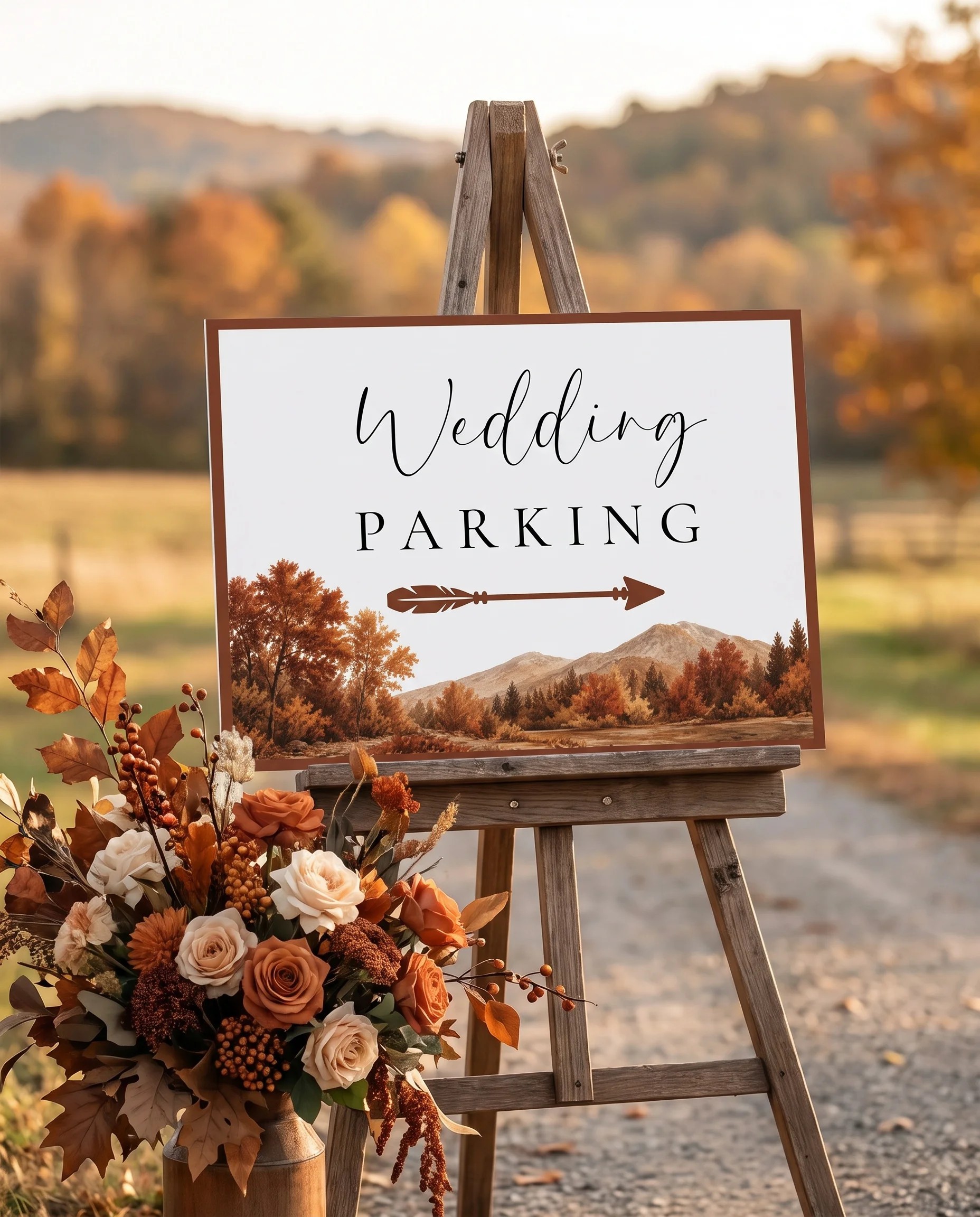 Timberline Reverie wedding parking sign — displayed at a venue entrance on premium paper under soft natural light, slight overhead angle, wedding signs.