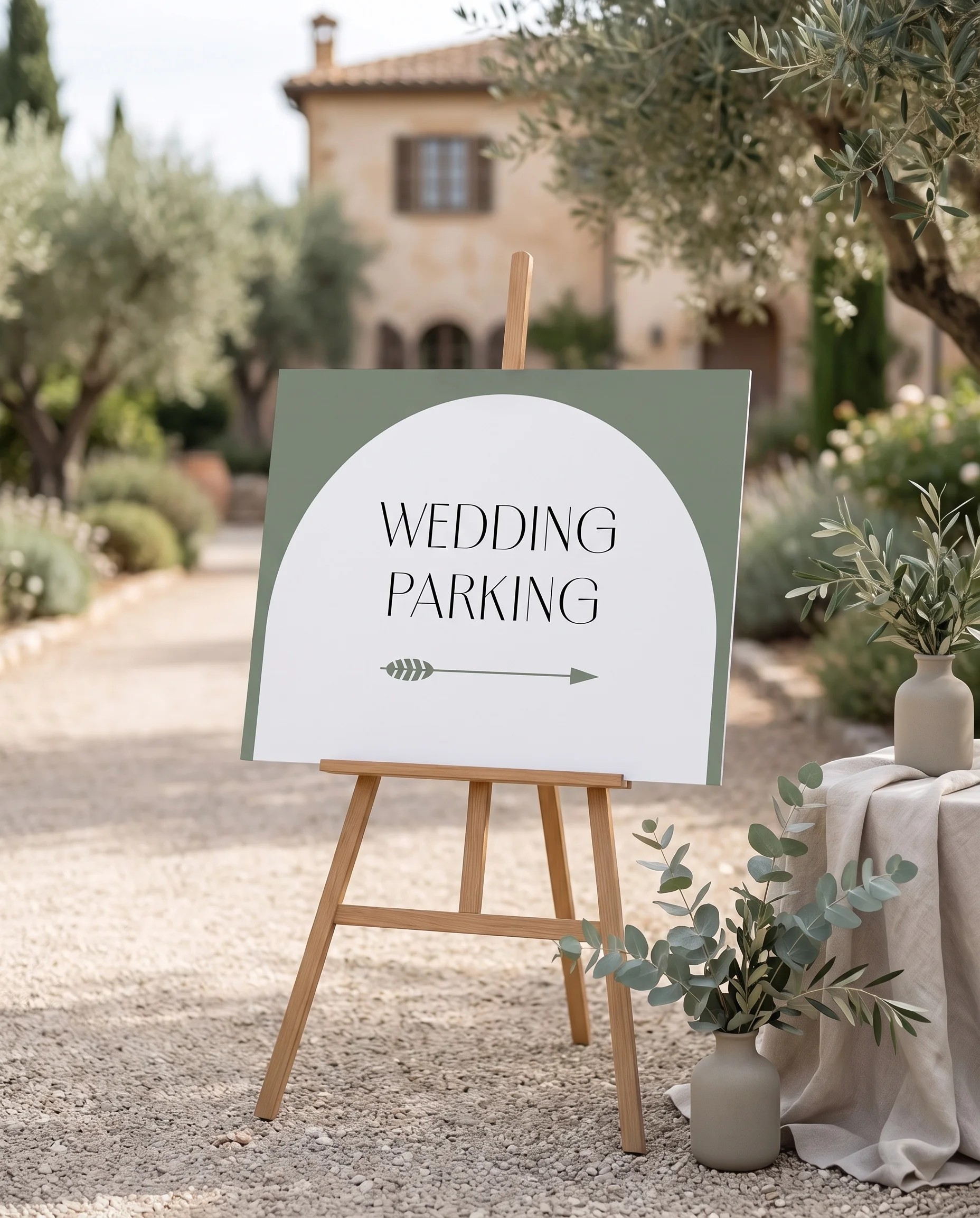 Arc Vale wedding parking sign — shown at a venue entrance under soft natural light with a slight overhead angle, wedding signs
