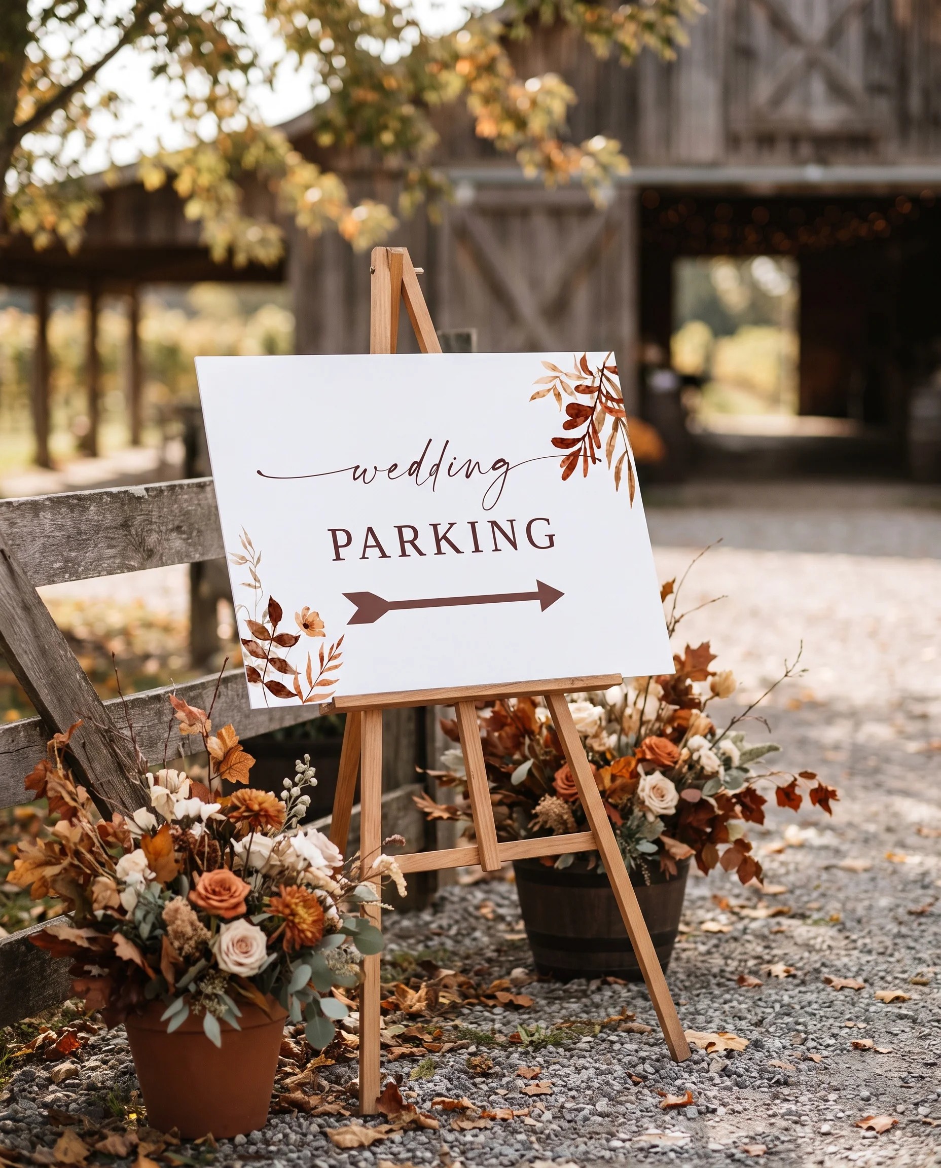 Autumn Bower wedding parking sign — displayed at a venue entrance under soft natural light with a slight overhead angle, wedding signs