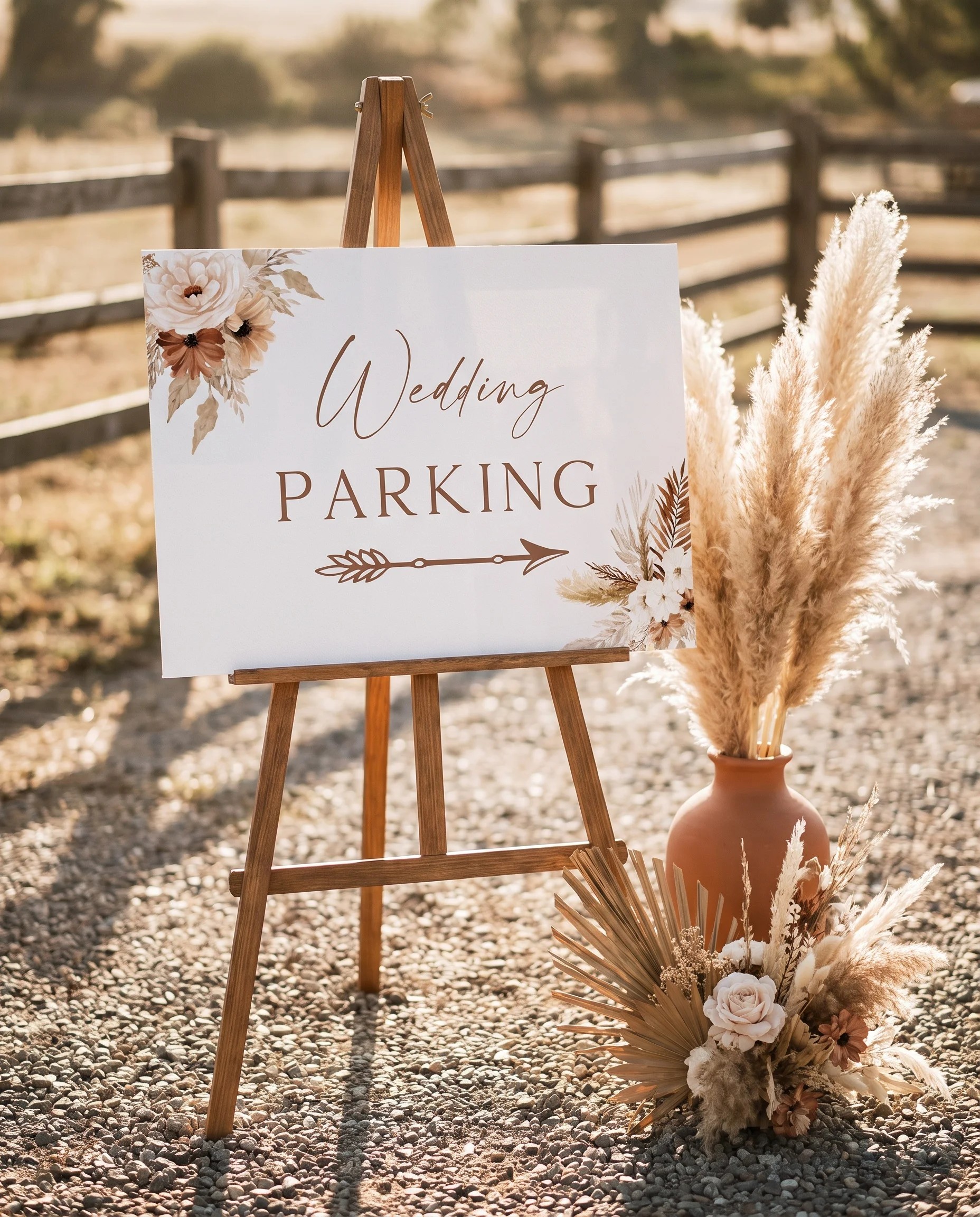 Pampas Bloom wedding parking sign — displayed at a venue entrance under soft natural light, shot at a slight overhead angle, wedding signs.