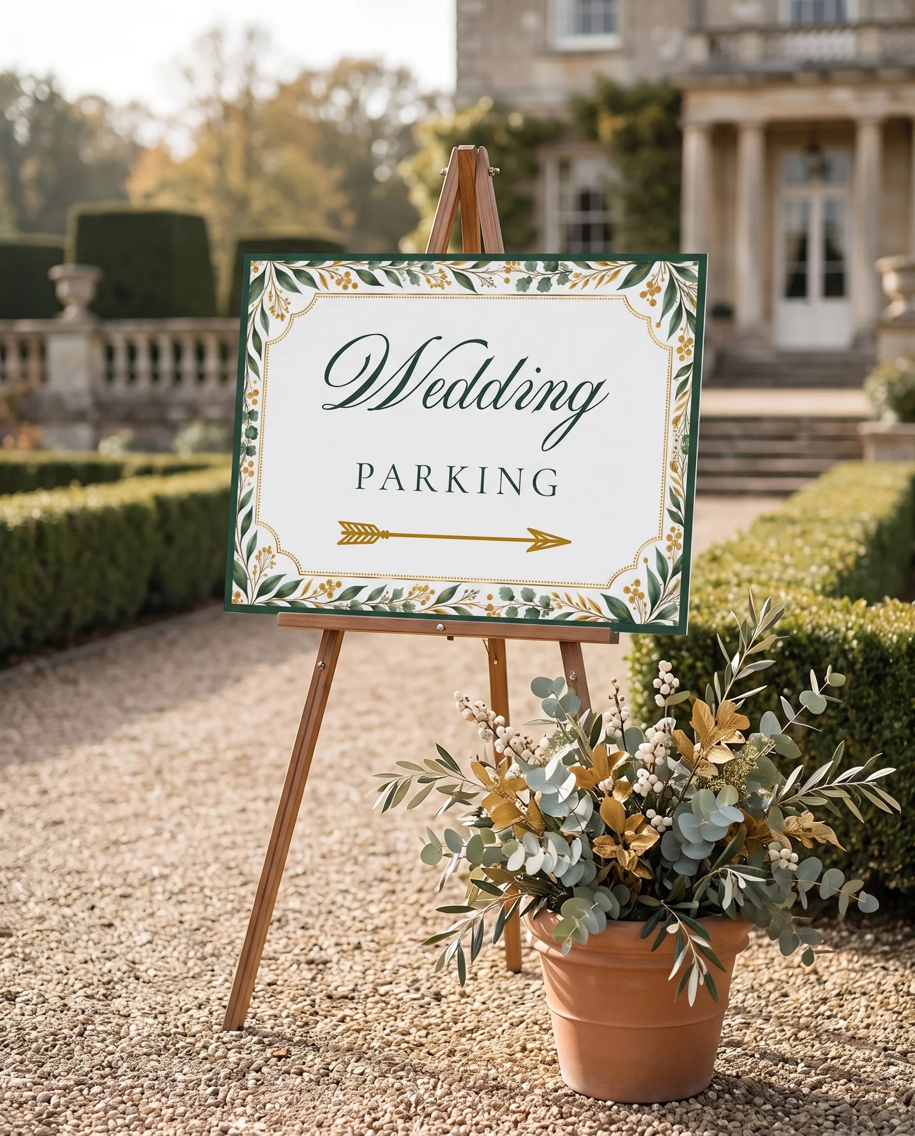 Gilded Foliage wedding parking sign — displayed at a venue entrance under soft natural light with a slight overhead angle, wedding signs.