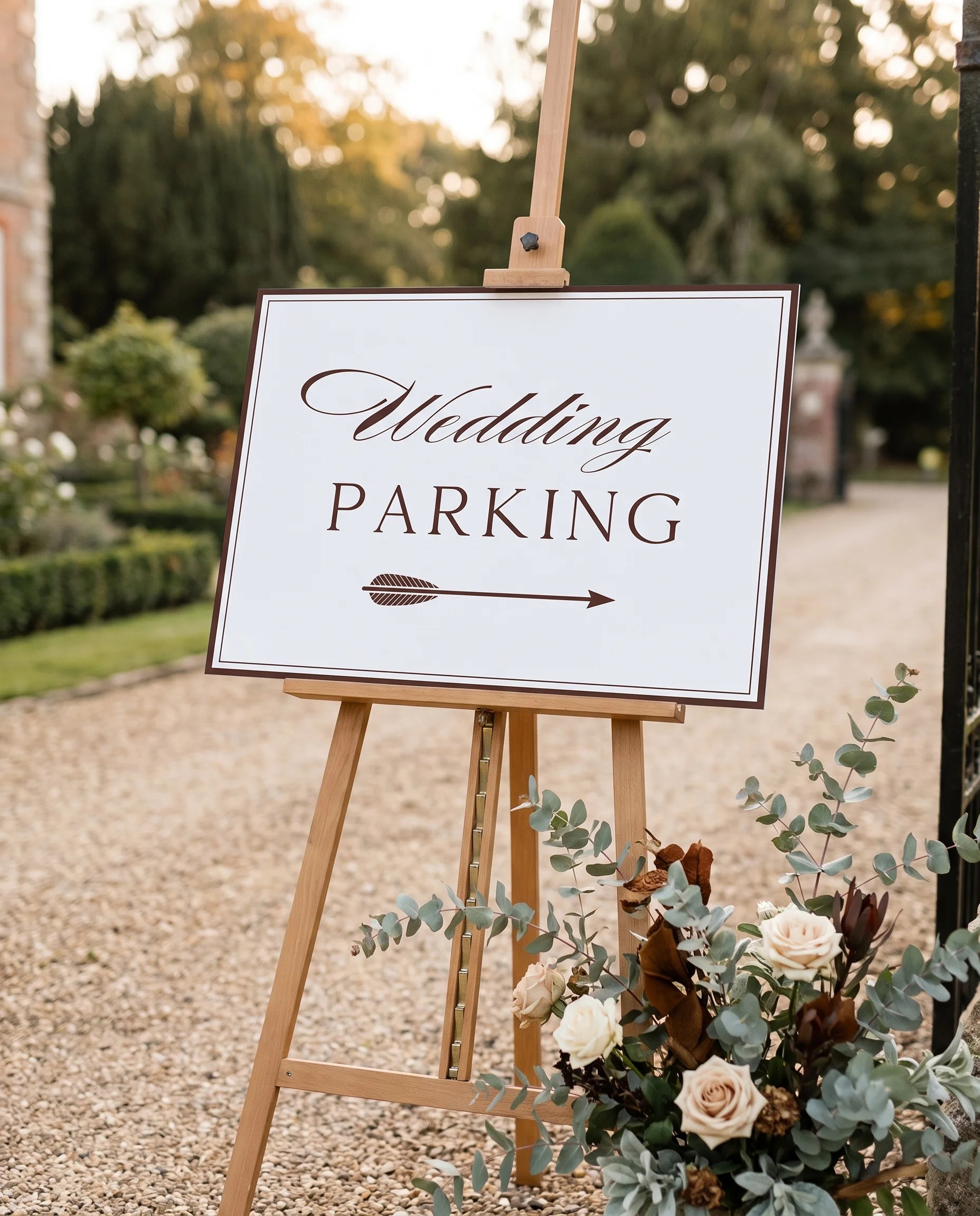 Velour wedding parking sign — displayed at a venue entrance under soft natural light with a slight overhead angle, wedding signs