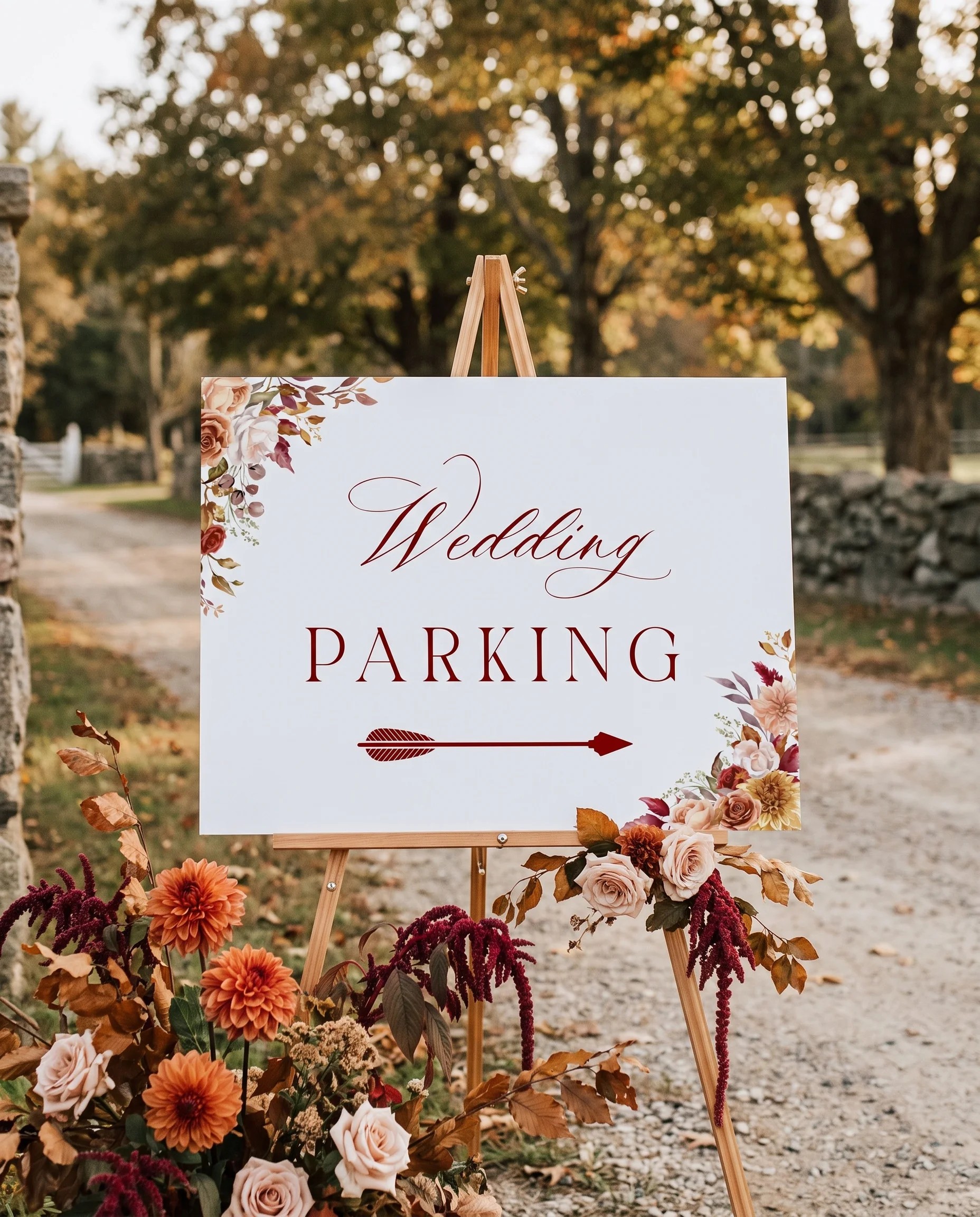 Autumn Blush wedding parking sign — shown at a venue entrance in soft natural light from a slight overhead angle, wedding signs