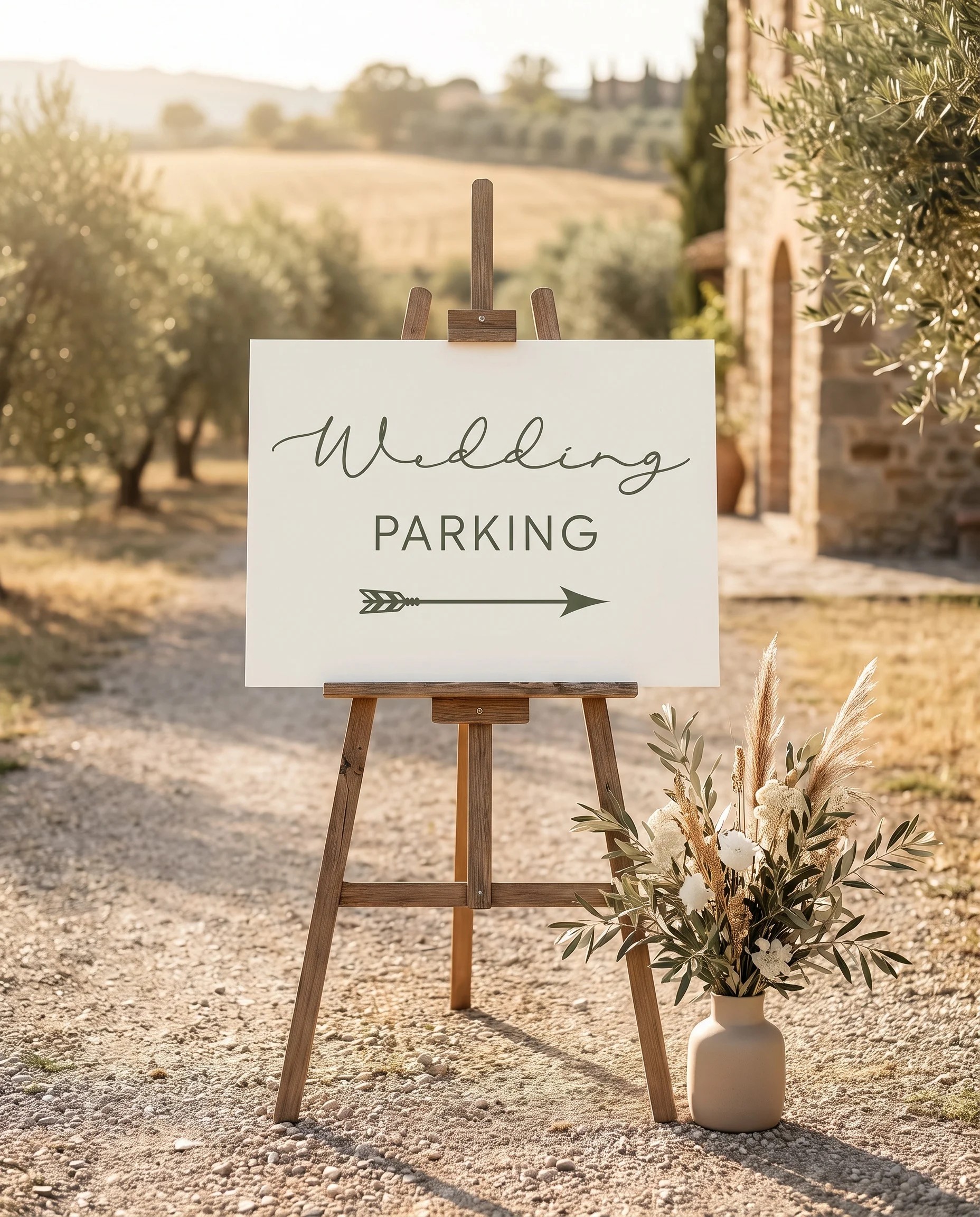 Manor Etching wedding parking sign — displayed at a venue entrance under soft natural light with a slight overhead angle, wedding signs.