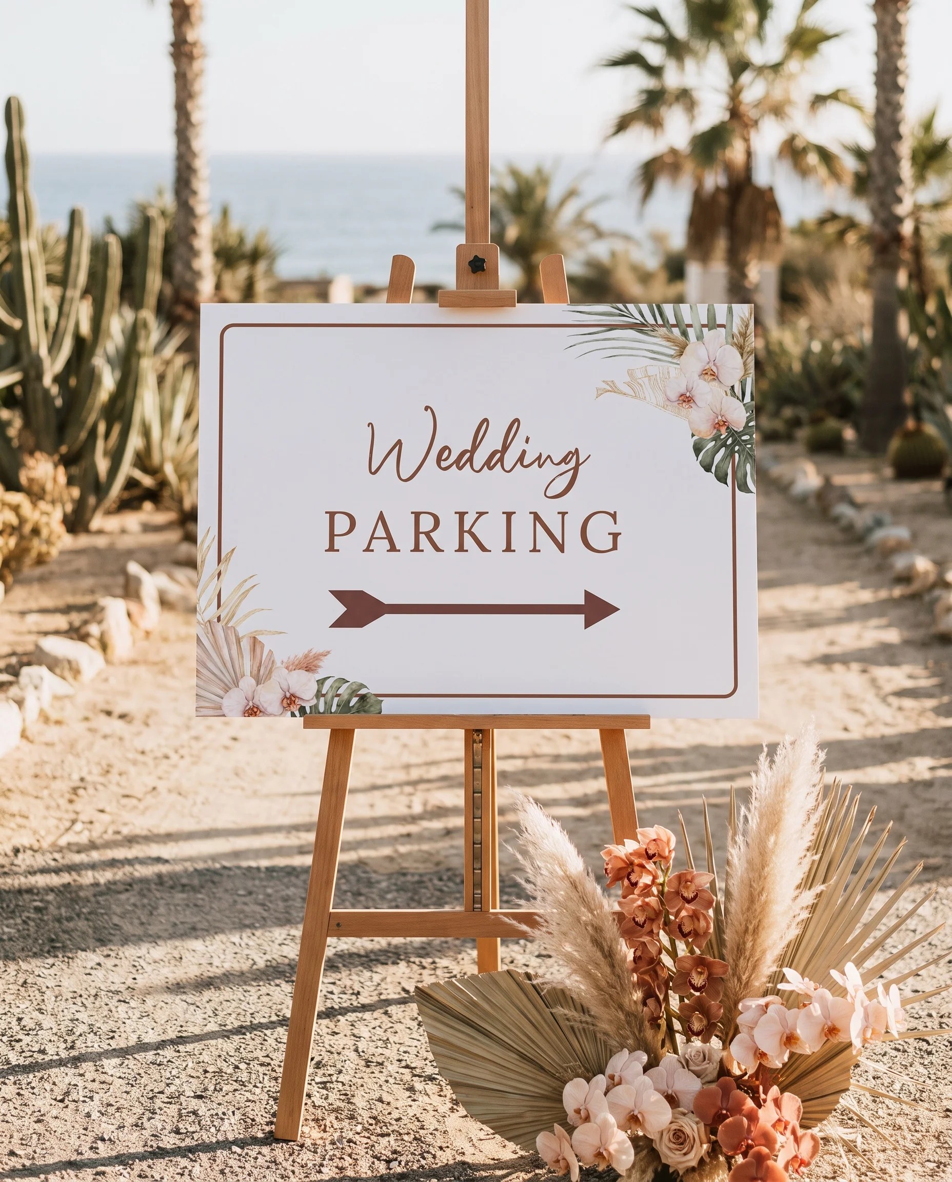 Palm Orchid wedding parking sign — displayed at a venue entrance in soft natural light with a slight overhead angle, wedding signs.