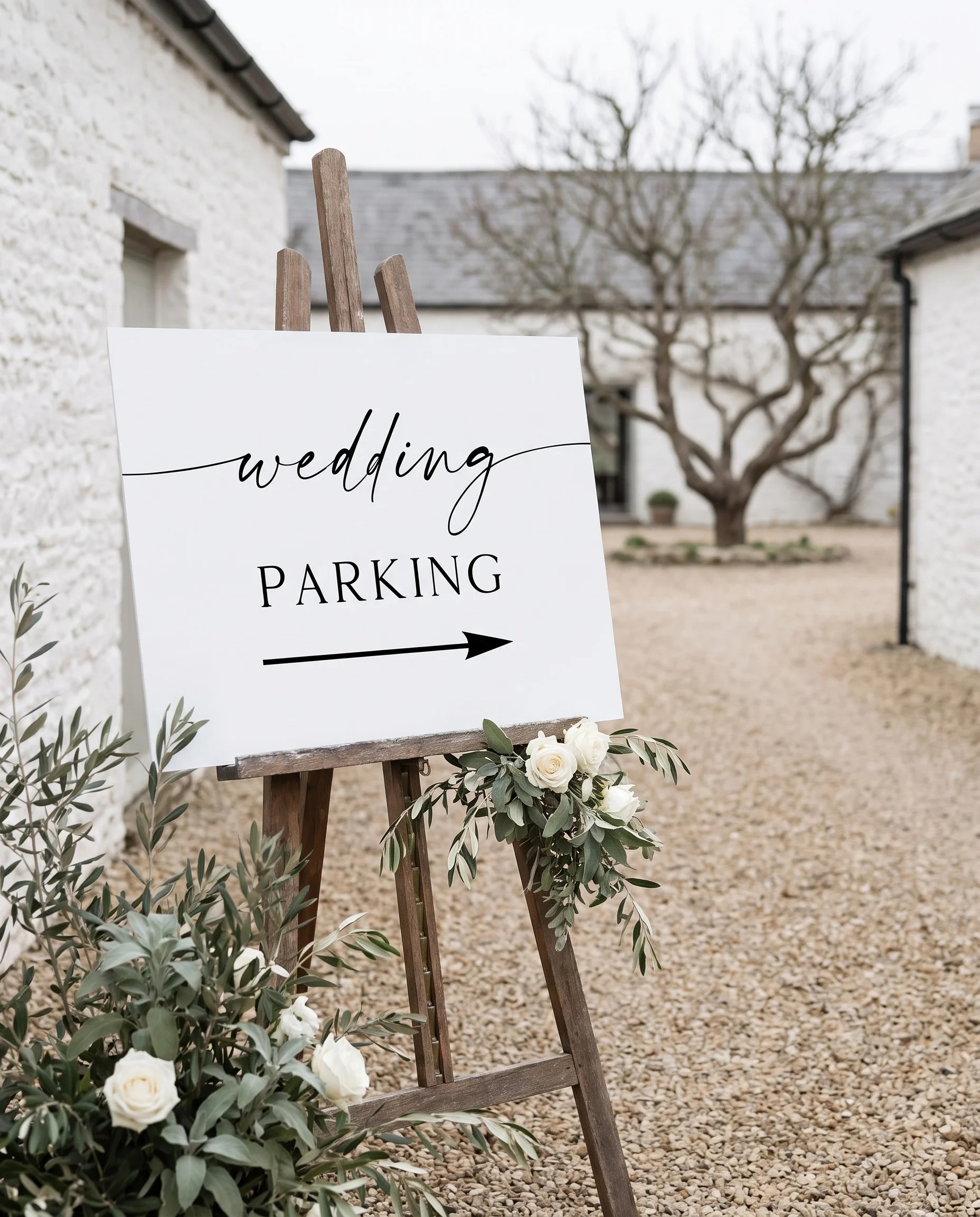 Liminal wedding parking sign — displayed at a venue entrance under soft natural light with a slight overhead angle, wedding signs.