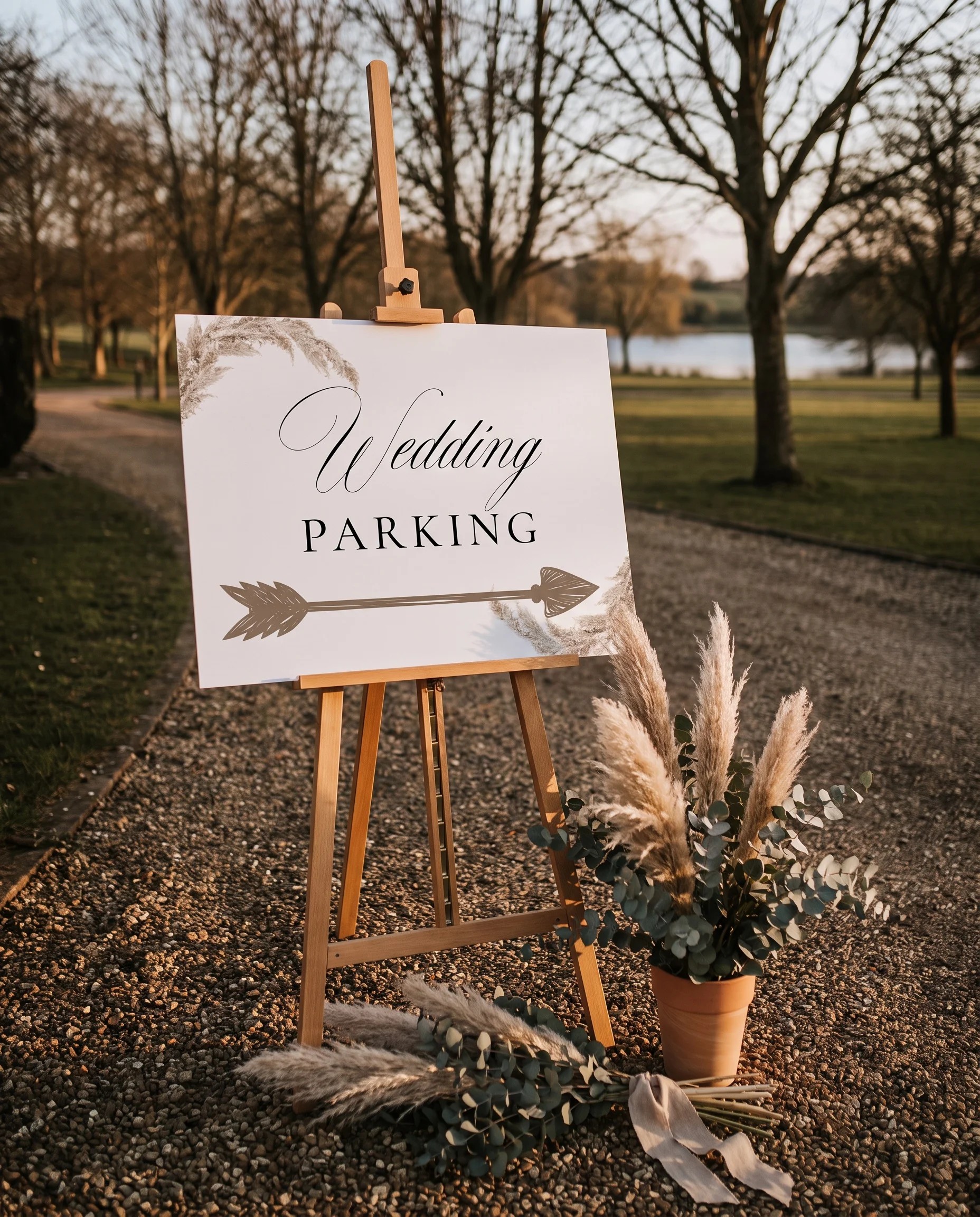 Pampas wedding parking sign — displayed at a venue entrance under soft natural light, premium editorial wedding signs.