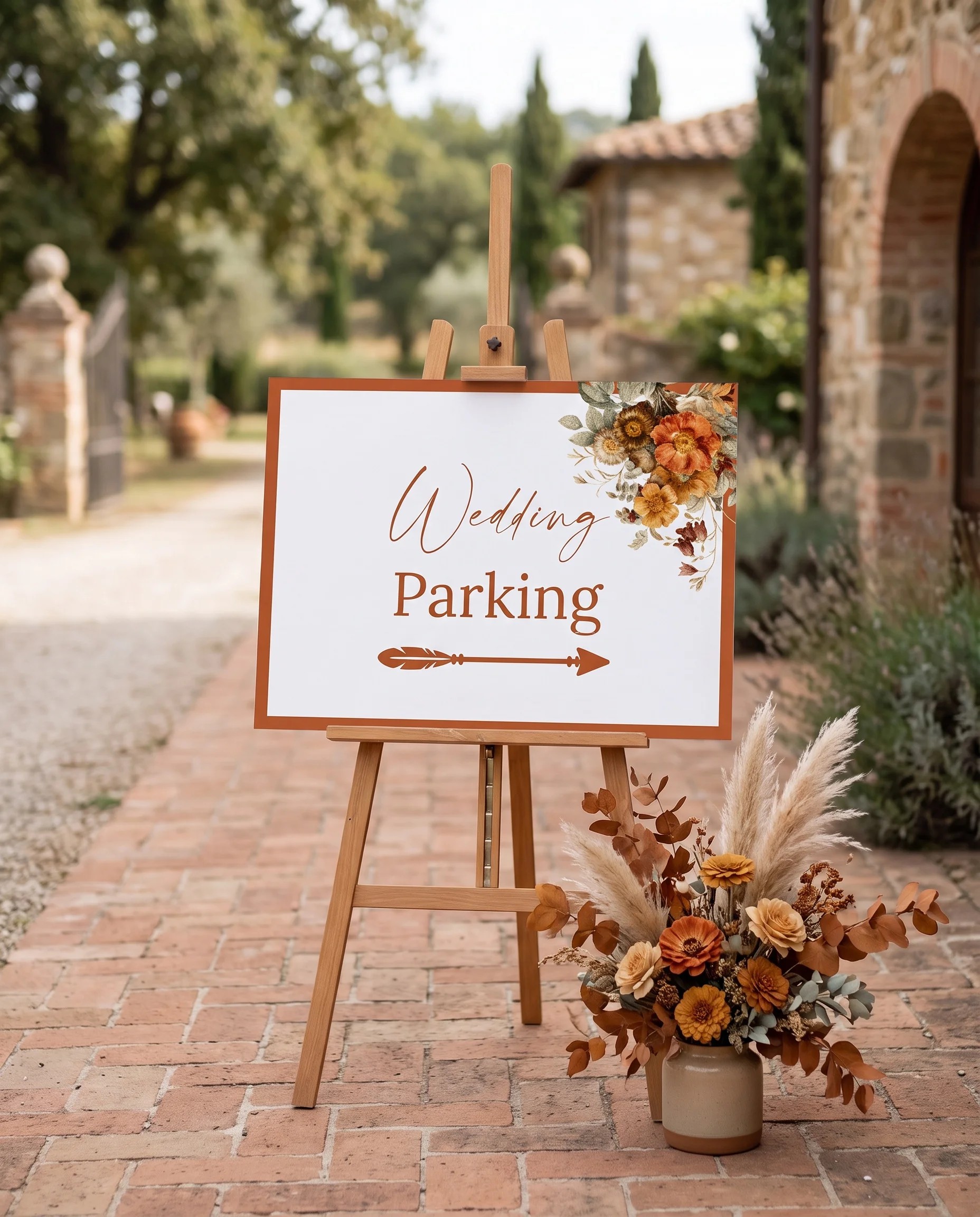 Terracotta Crown wedding parking sign — shown at a venue entrance in soft natural light, premium editorial wedding signs.