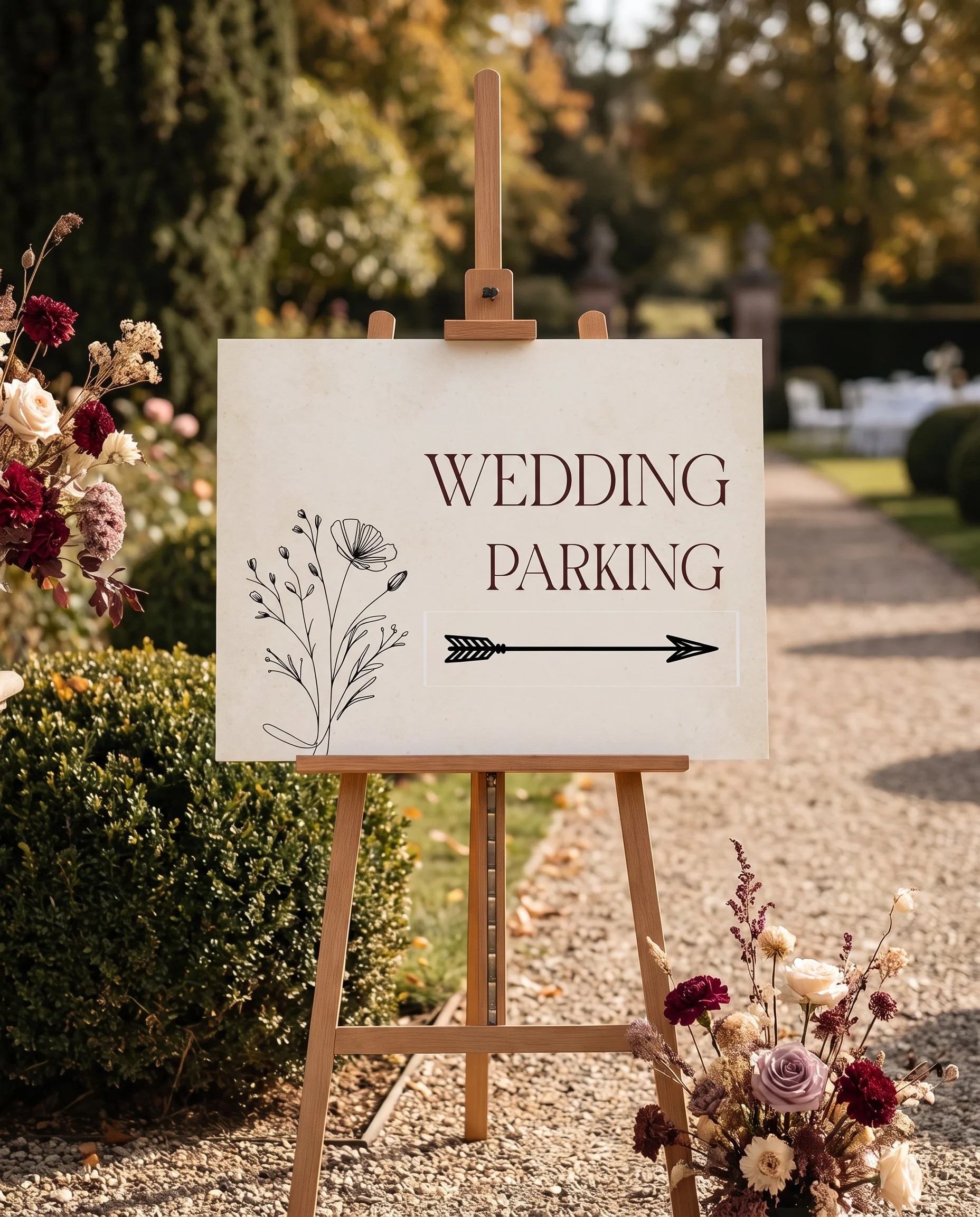 Heritage Bloom wedding parking sign — displayed at a venue entrance under soft natural light, premium editorial wedding signs.