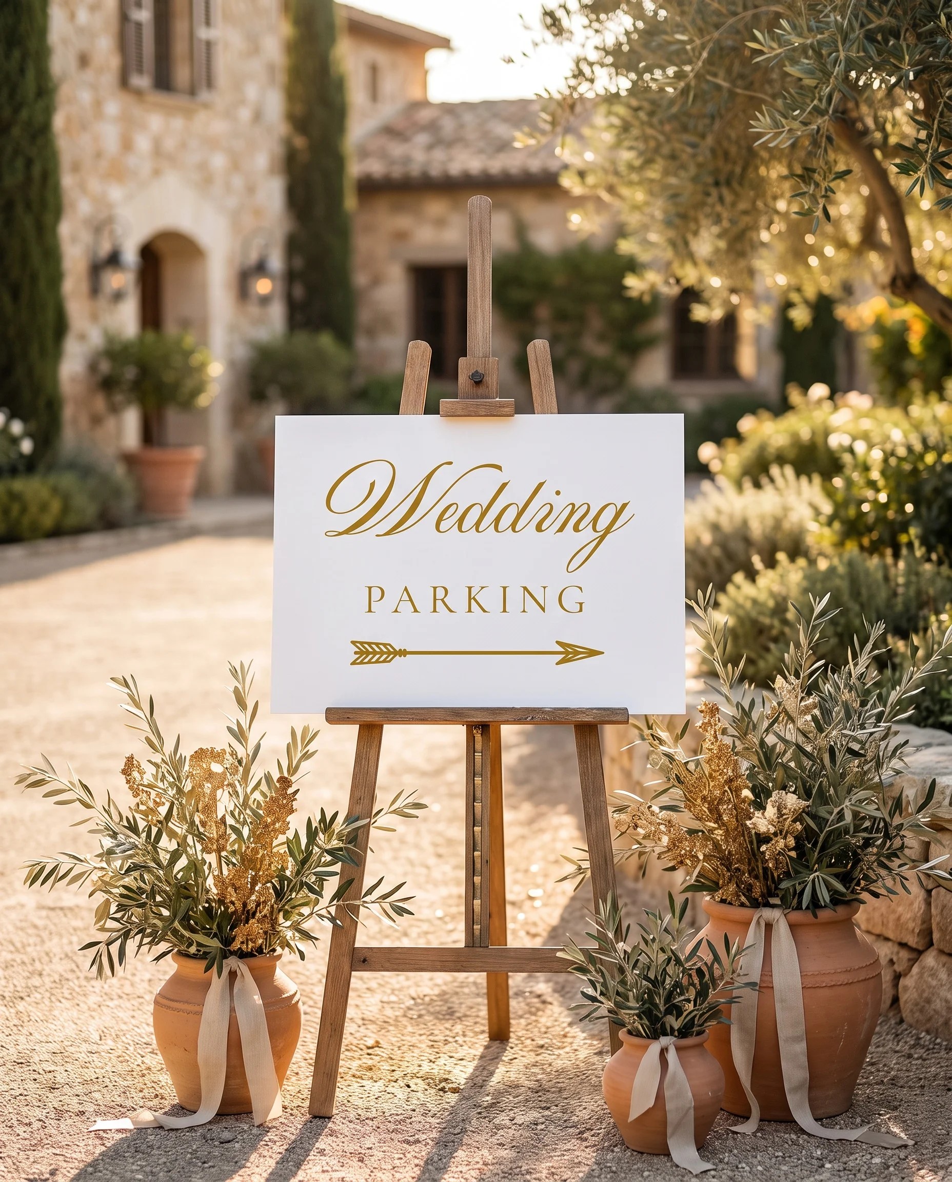 Gilded Arrow wedding parking sign — displayed at a venue entrance under soft natural light, premium editorial wedding signs.