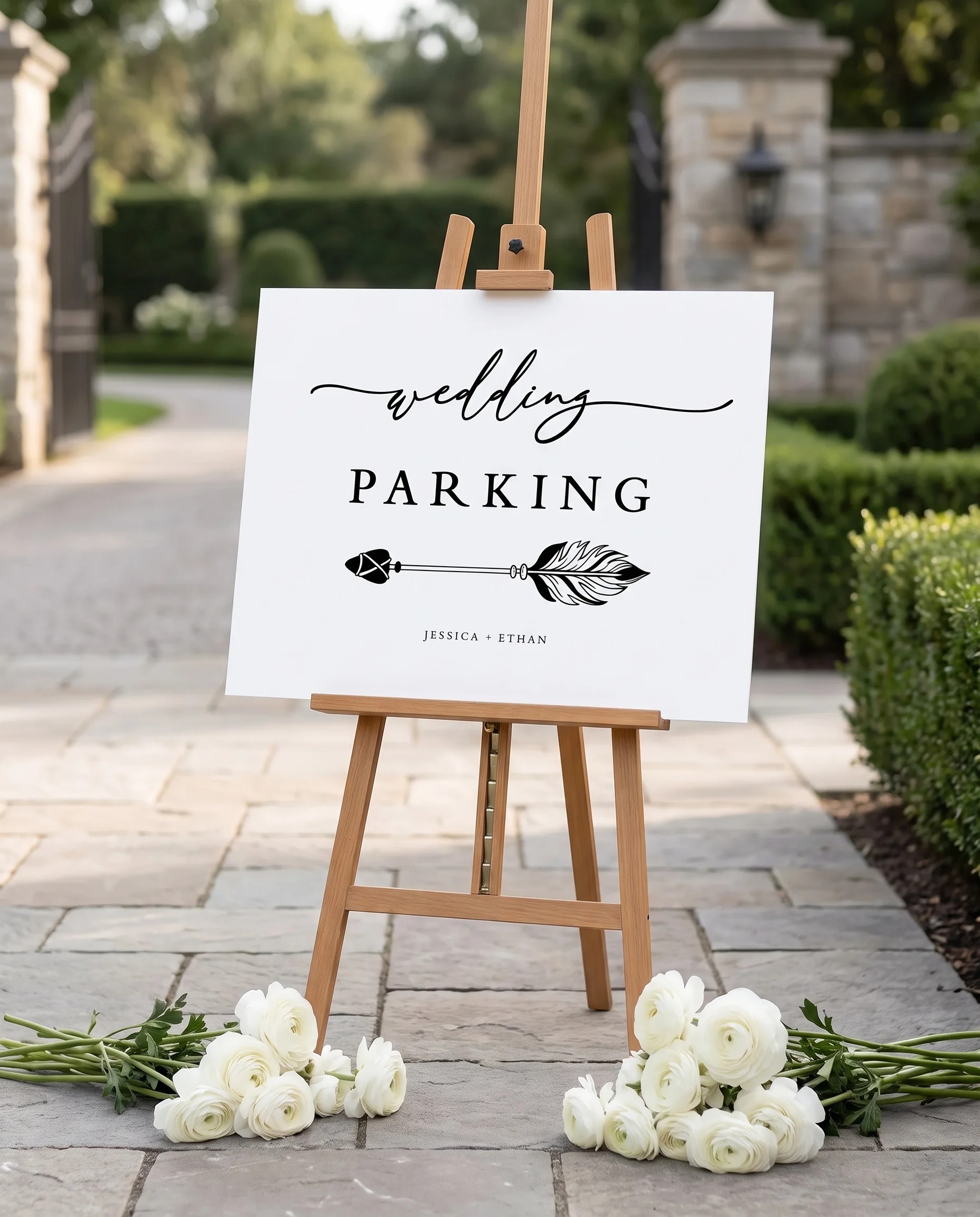 Monochrome Veil wedding parking sign — displayed at a venue entrance under soft natural light with a slight overhead angle, wedding signs.