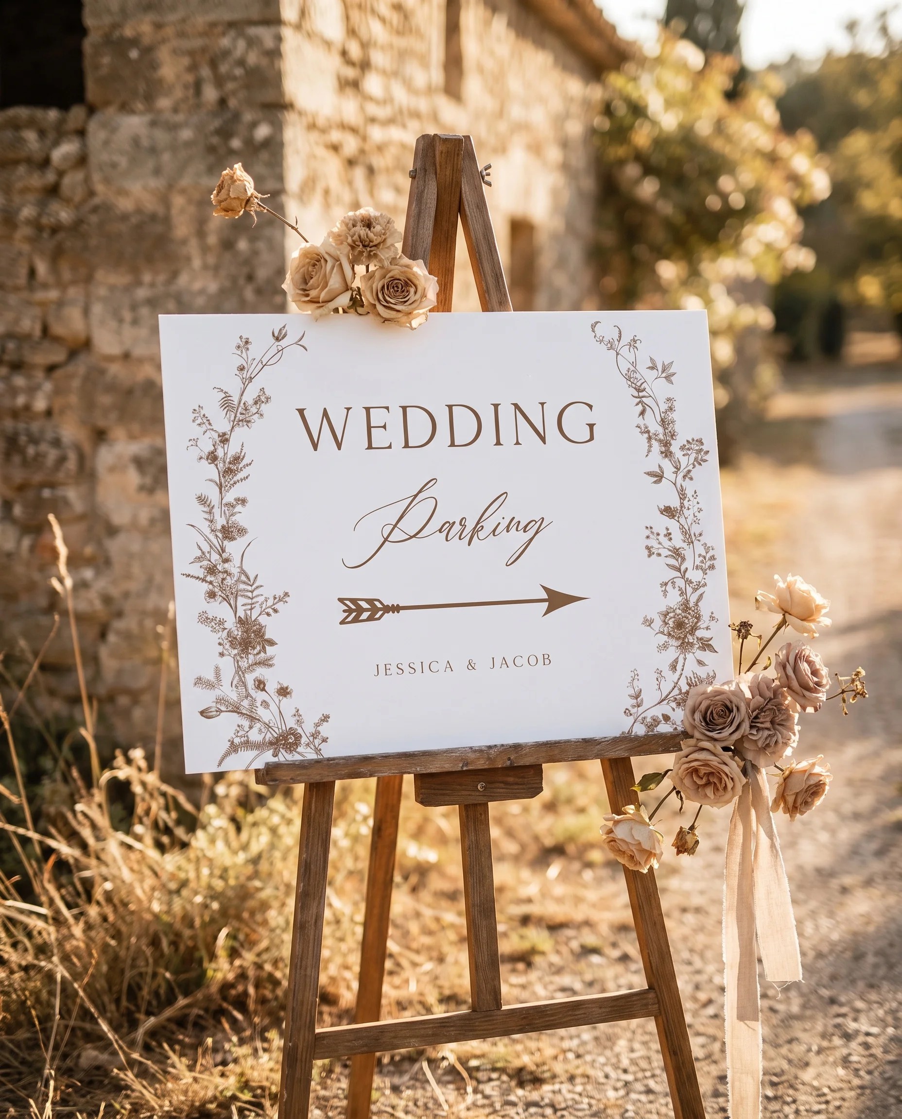 Sepia Crest wedding parking sign — shown at a venue entrance under soft natural light with a slight overhead angle, wedding signs.