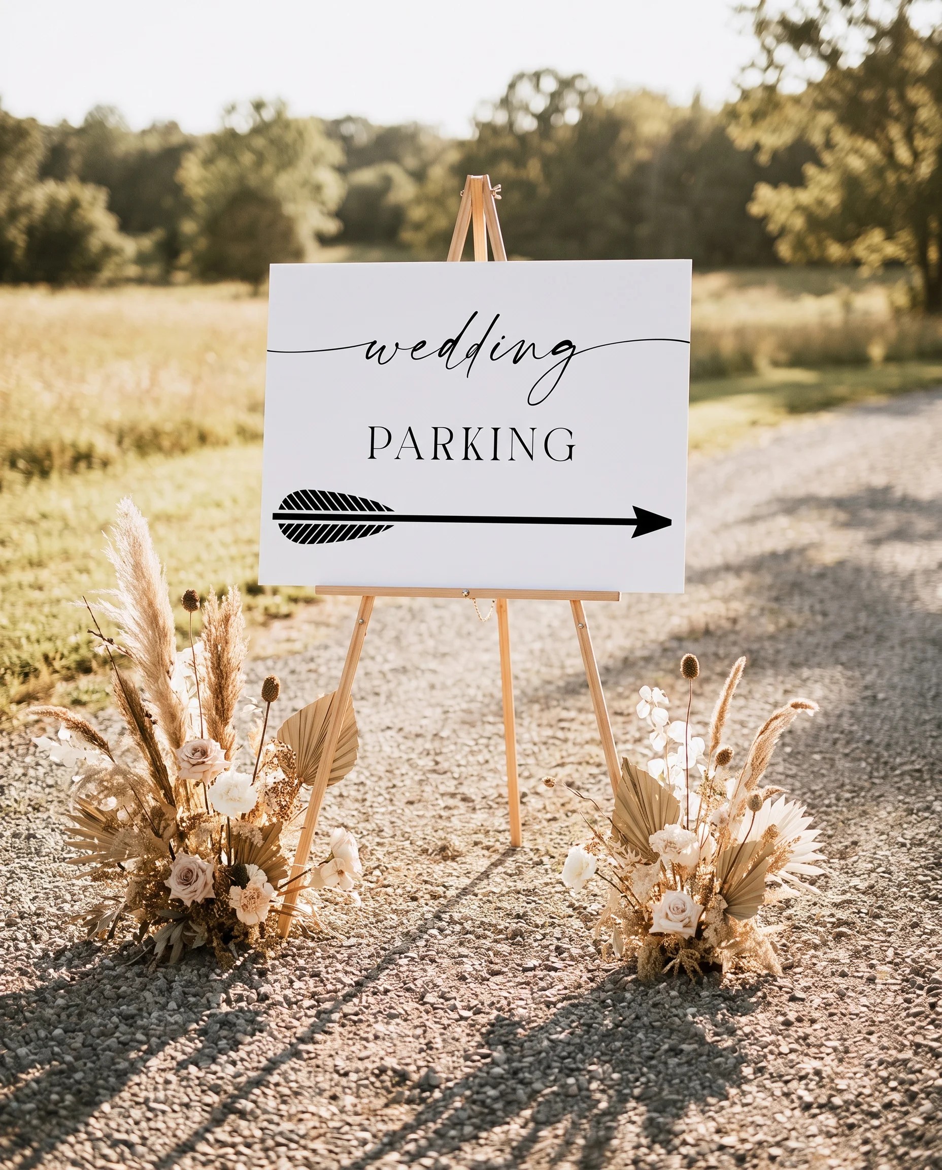 Charline wedding parking sign — displayed at a venue entrance under soft natural light with a slight overhead angle, wedding signs