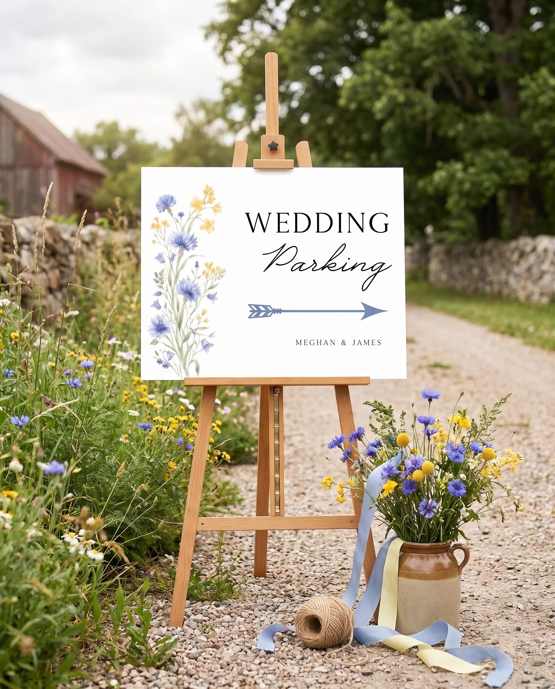 Cornflower wedding parking sign — displayed at a venue entrance under soft natural light, wedding signs.
